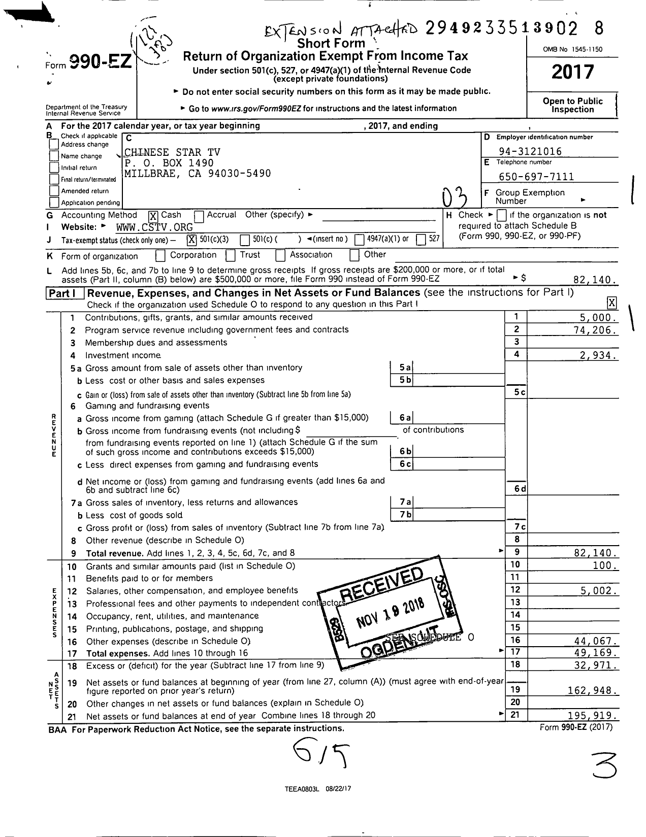 Image of first page of 2017 Form 990EZ for Chinese Star TV