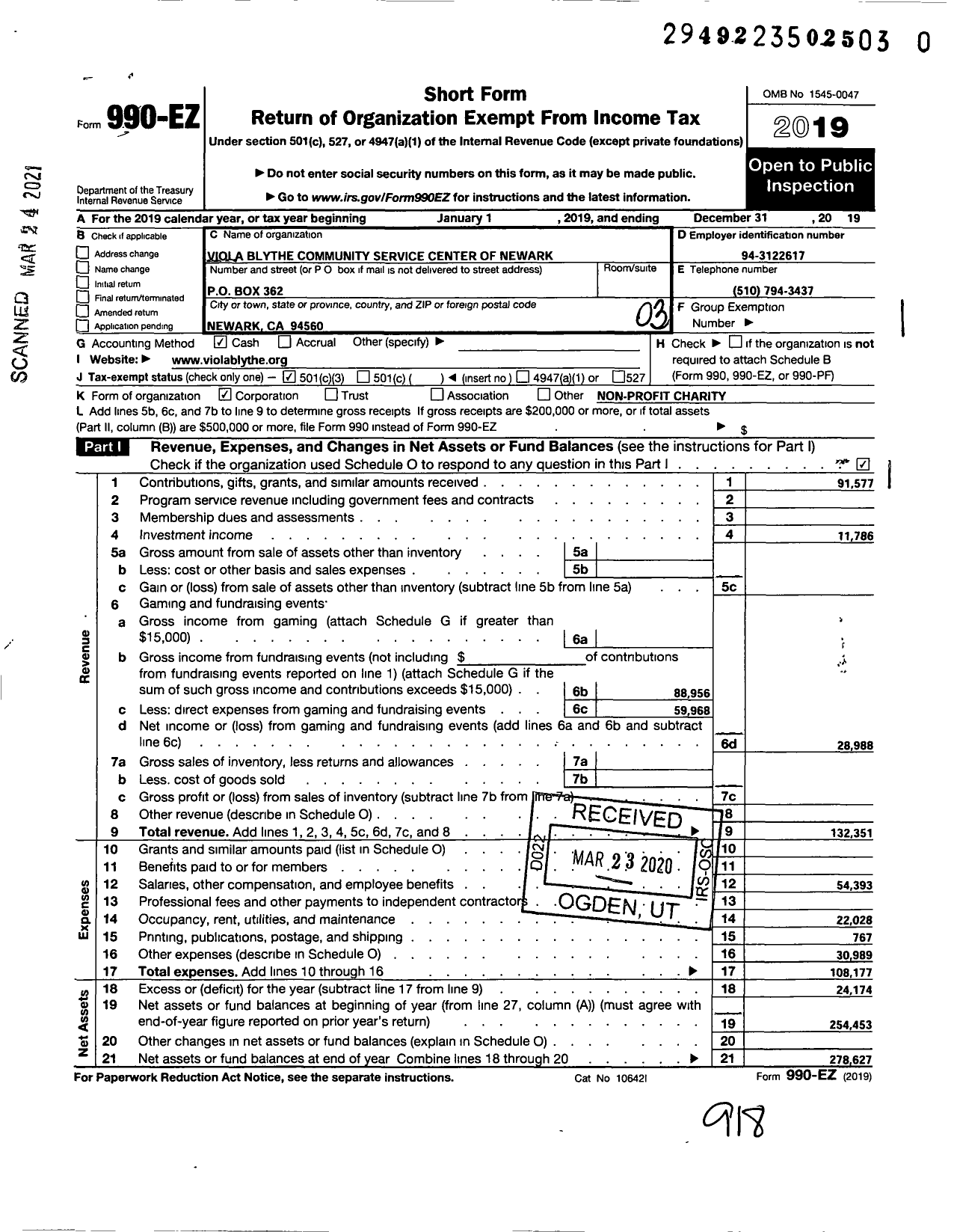 Image of first page of 2019 Form 990EZ for Viola Blythe Community Service Center of Newark