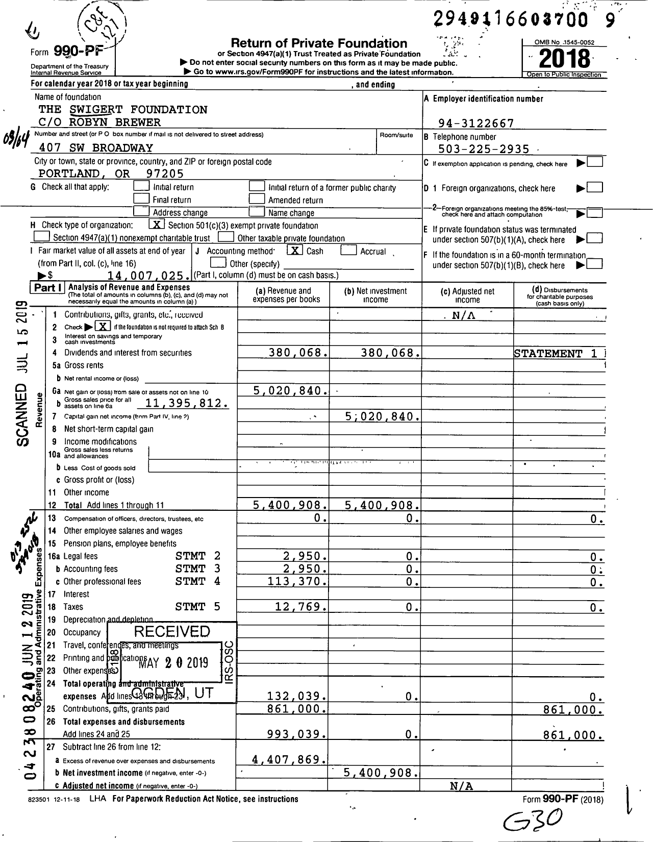 Image of first page of 2018 Form 990PF for The Swigert Foundation