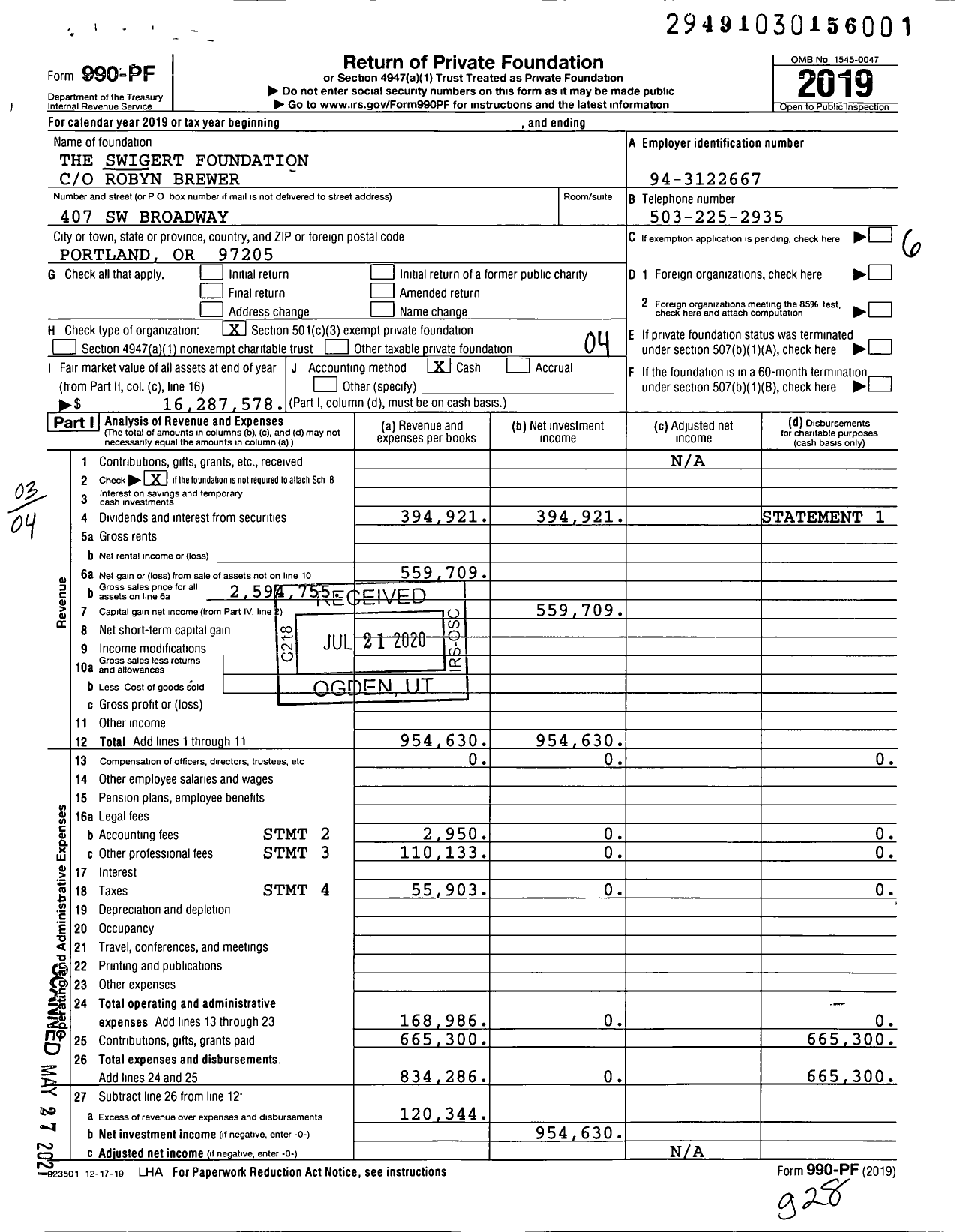 Image of first page of 2019 Form 990PF for The Swigert Foundation