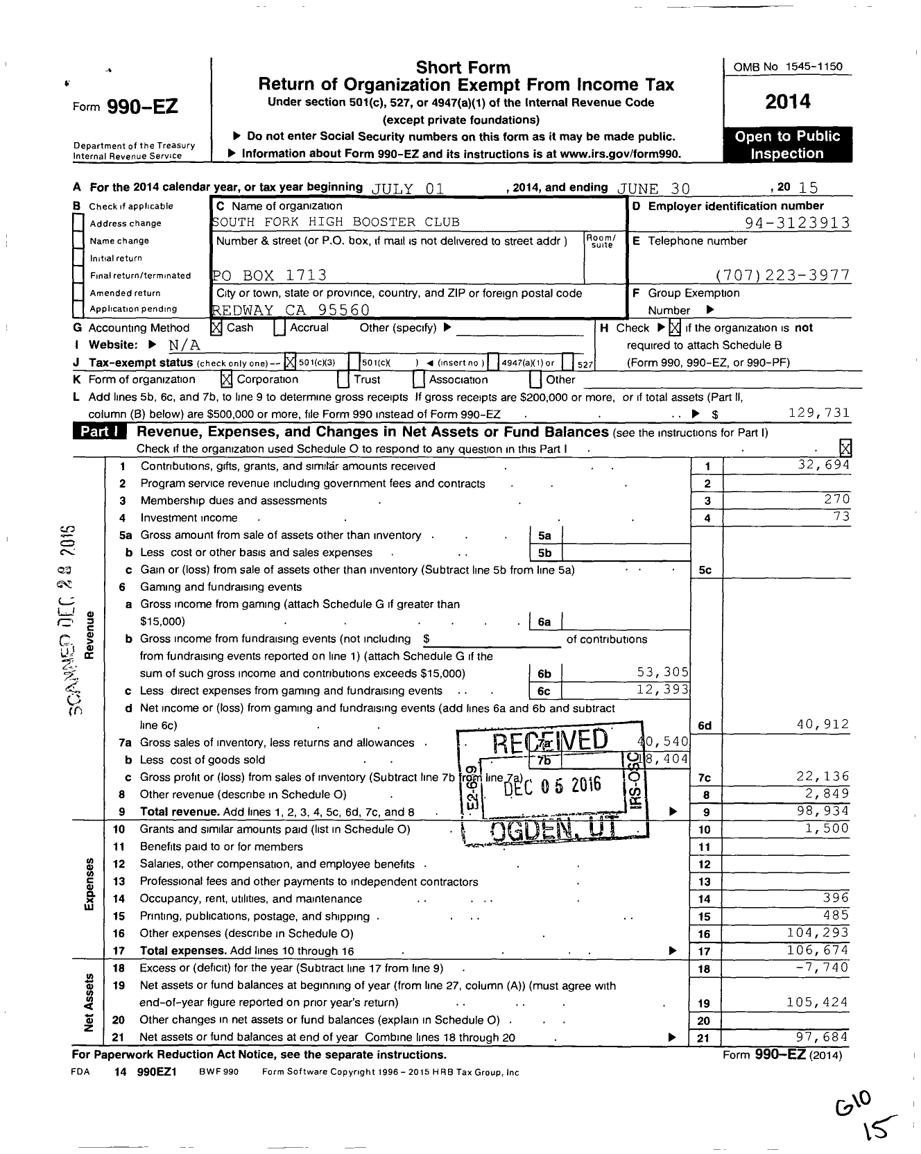 Image of first page of 2014 Form 990EZ for South Fork Booster Club