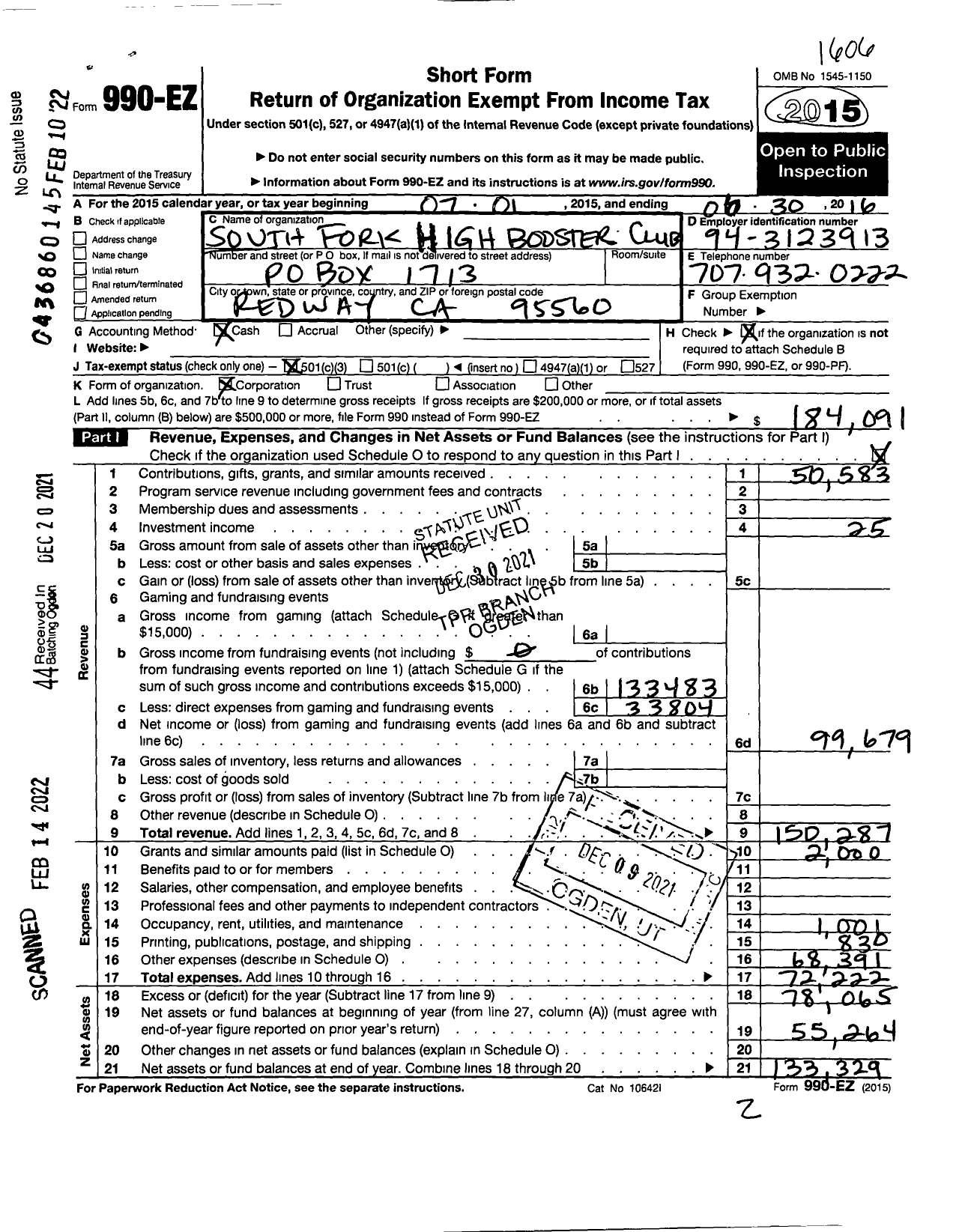 Image of first page of 2015 Form 990EA for South Fork Booster Club