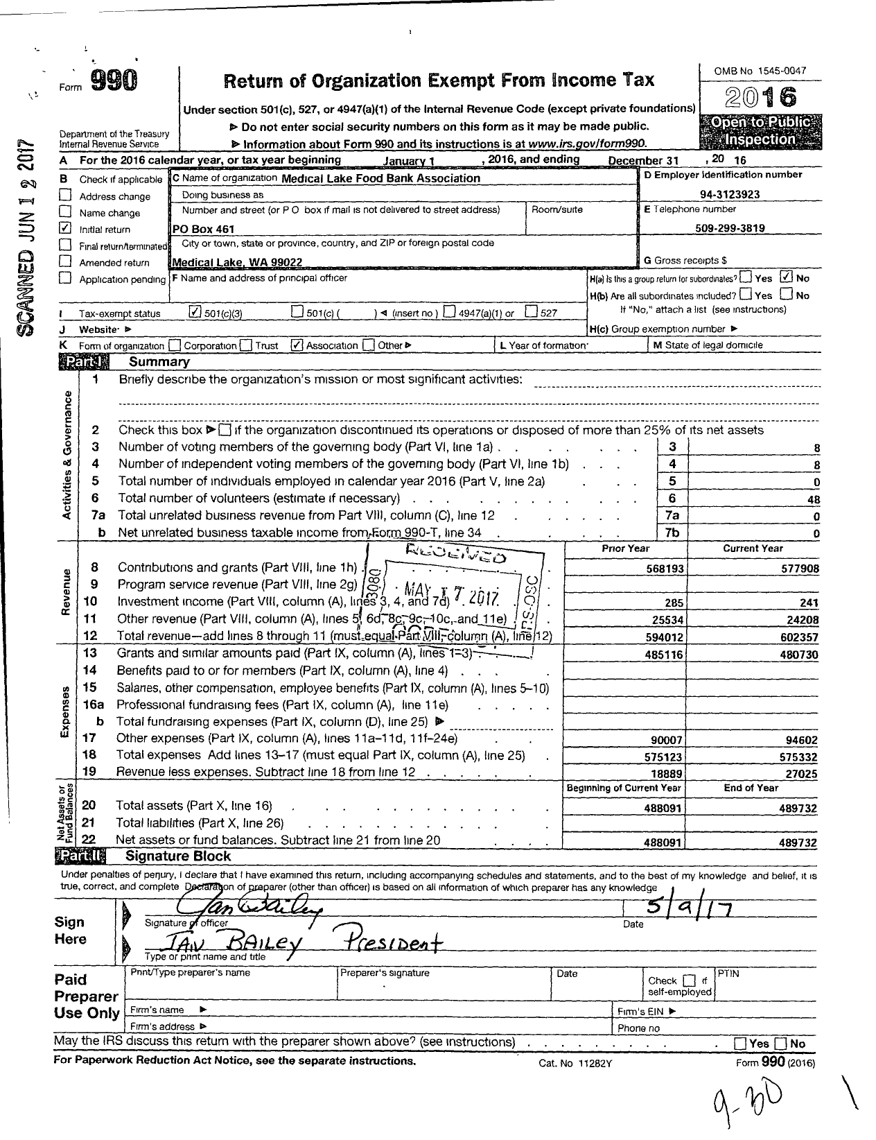 Image of first page of 2016 Form 990 for Medical Lake Food Bank Association