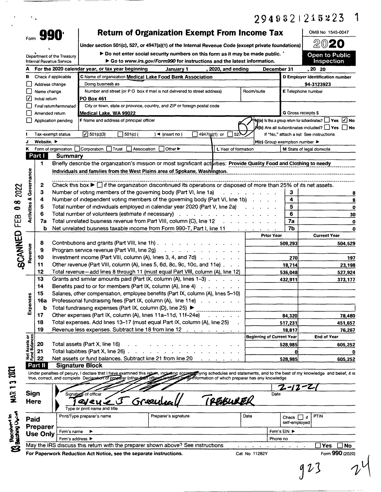 Image of first page of 2020 Form 990 for Medical Lake Food Bank Association