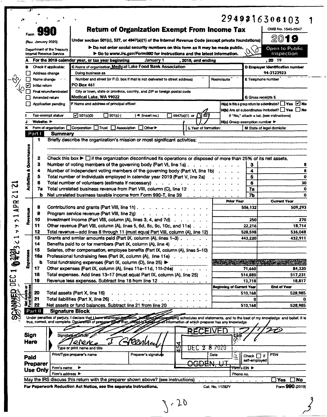 Image of first page of 2019 Form 990 for Medical Lake Food Bank Association