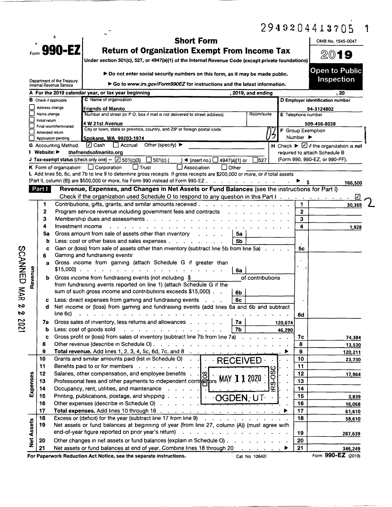 Image of first page of 2019 Form 990EZ for Friends of Manito