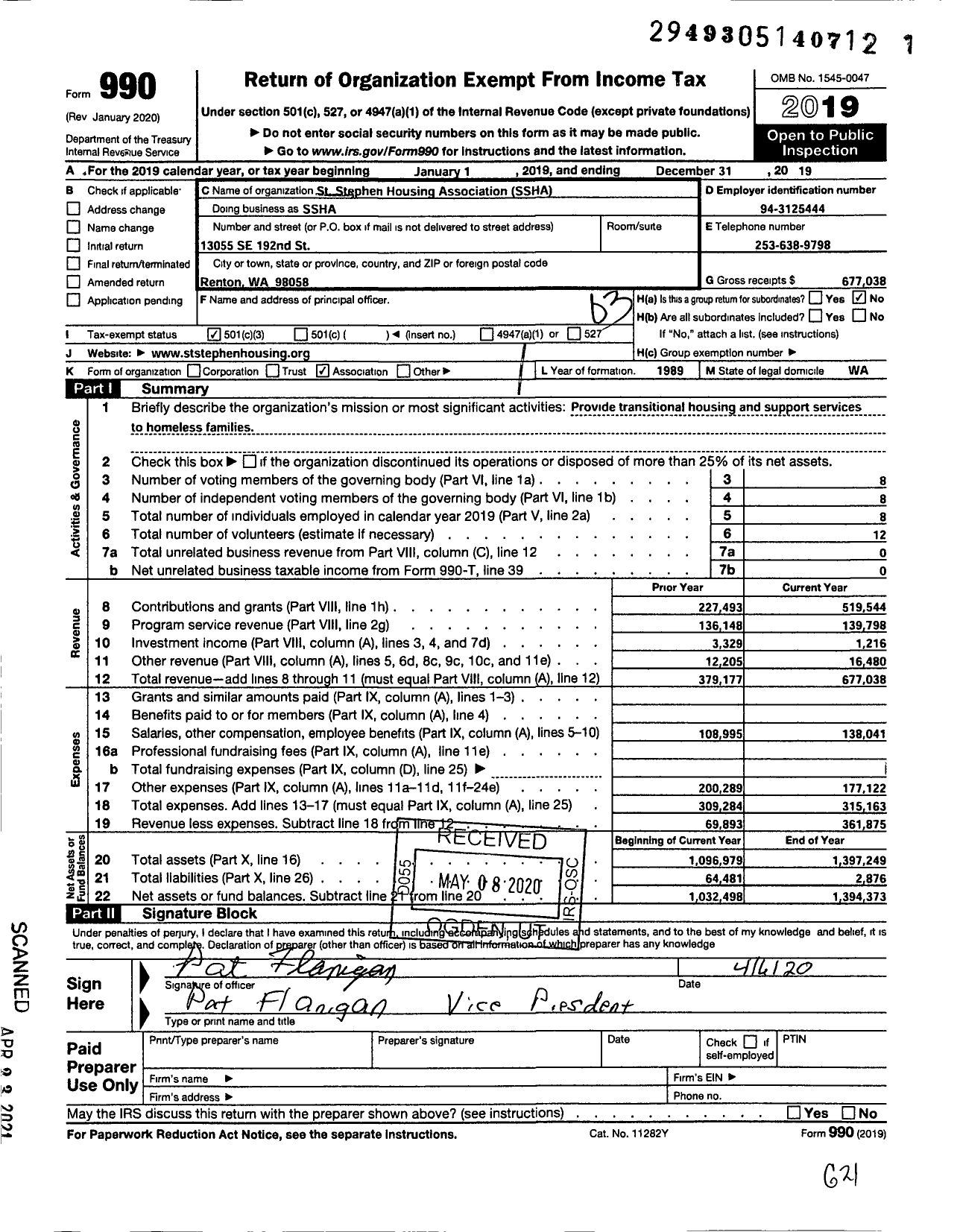 Image of first page of 2019 Form 990 for St Stephen Housing Association