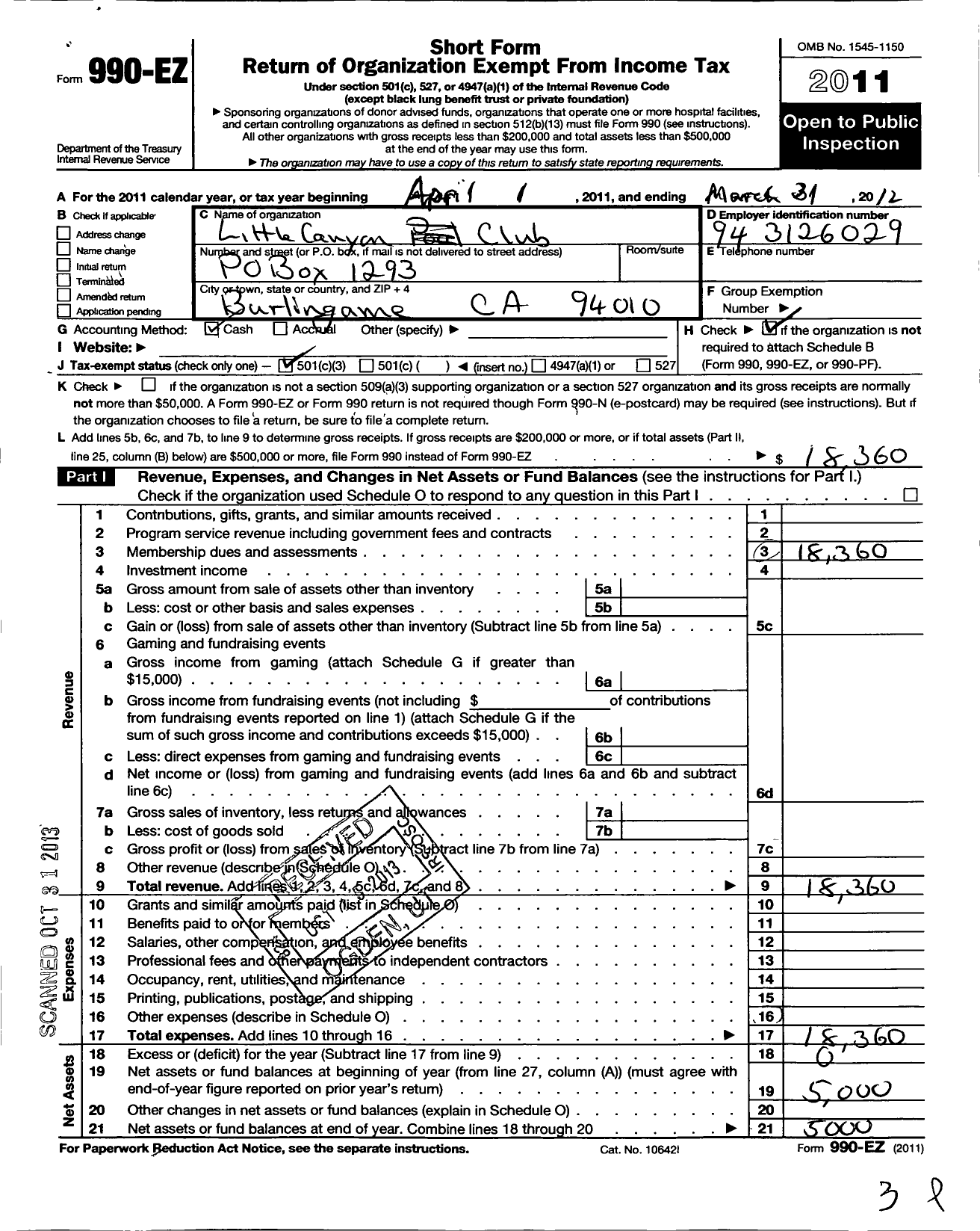 Image of first page of 2011 Form 990EZ for Little Canyon Club