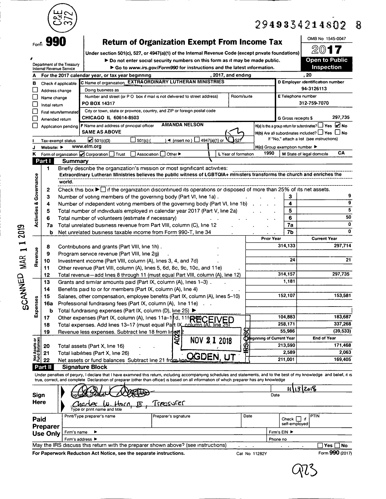 Image of first page of 2017 Form 990 for Extraordinary Lutheran Ministries