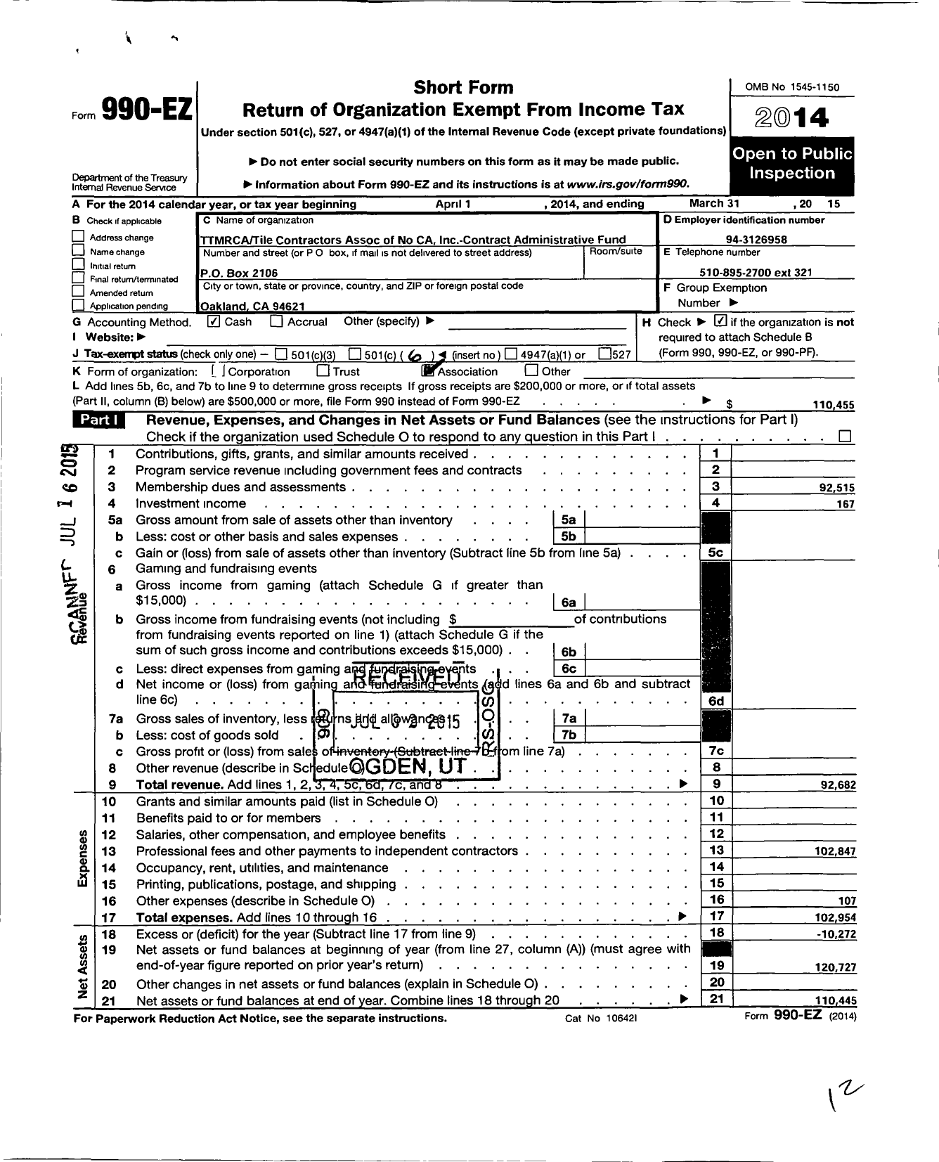 Image of first page of 2014 Form 990EO for Tile Terrazzo Marble and Restoration Contractors Association of No CA