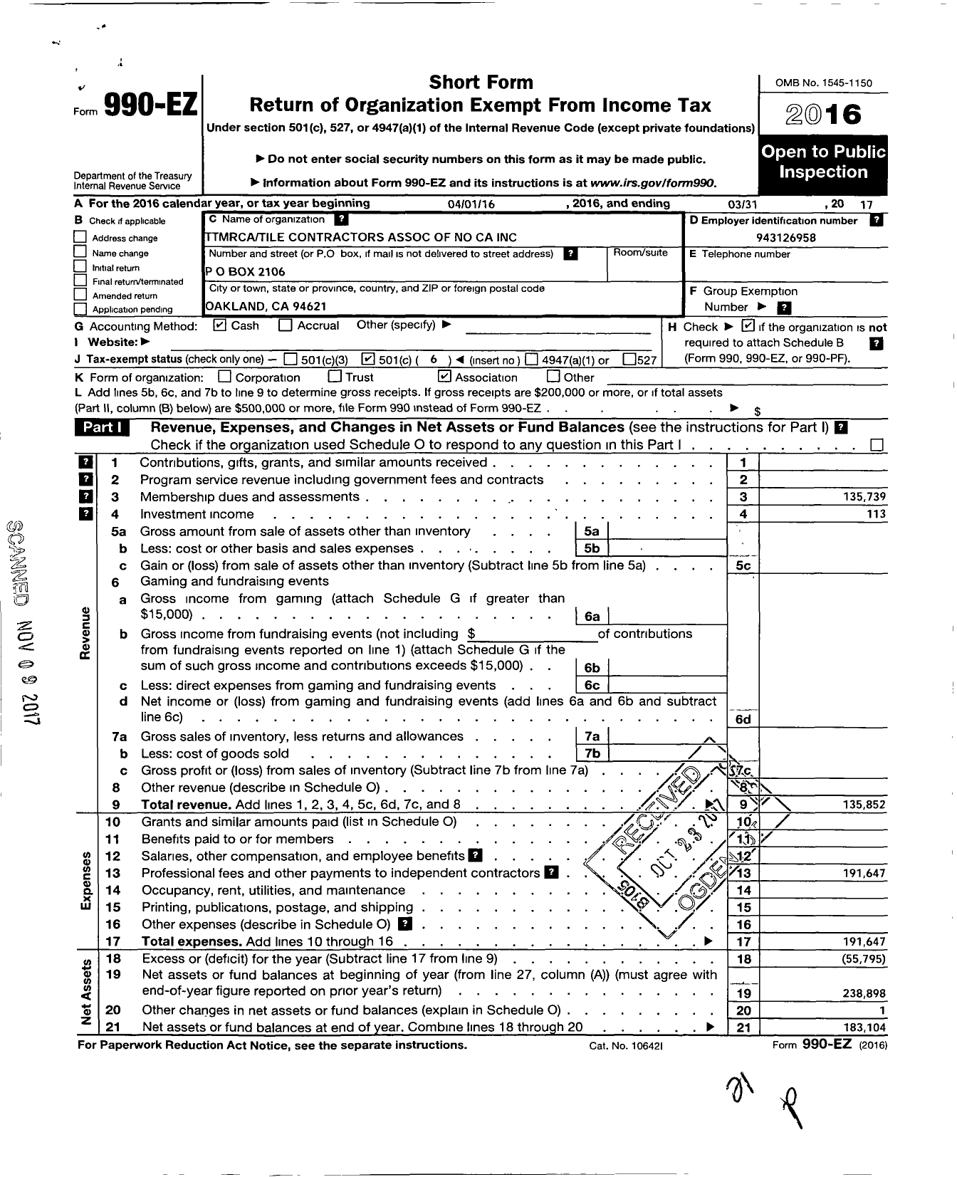 Image of first page of 2016 Form 990EO for Tile Terrazzo Marble and Restoration Contractors Association of No CA