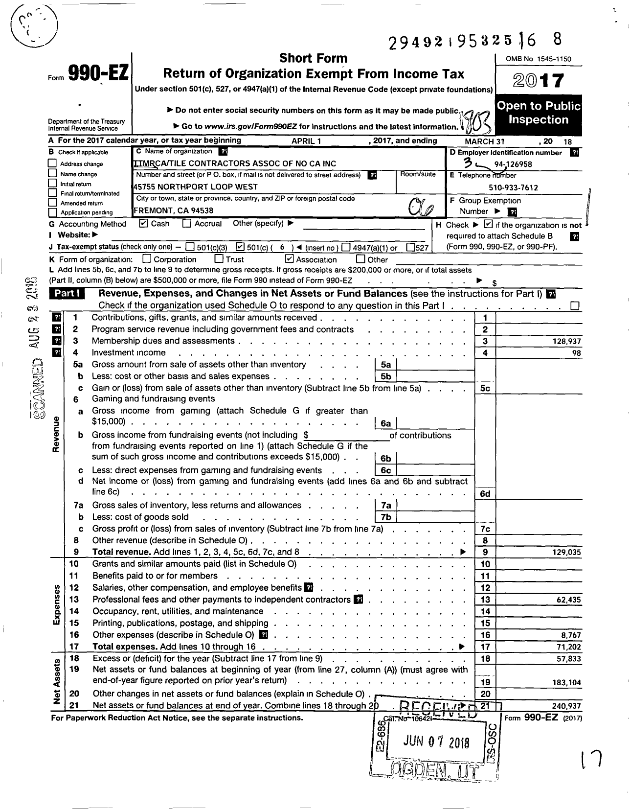 Image of first page of 2017 Form 990EO for Tile Terrazzo Marble and Restoration Contractors Association of No CA