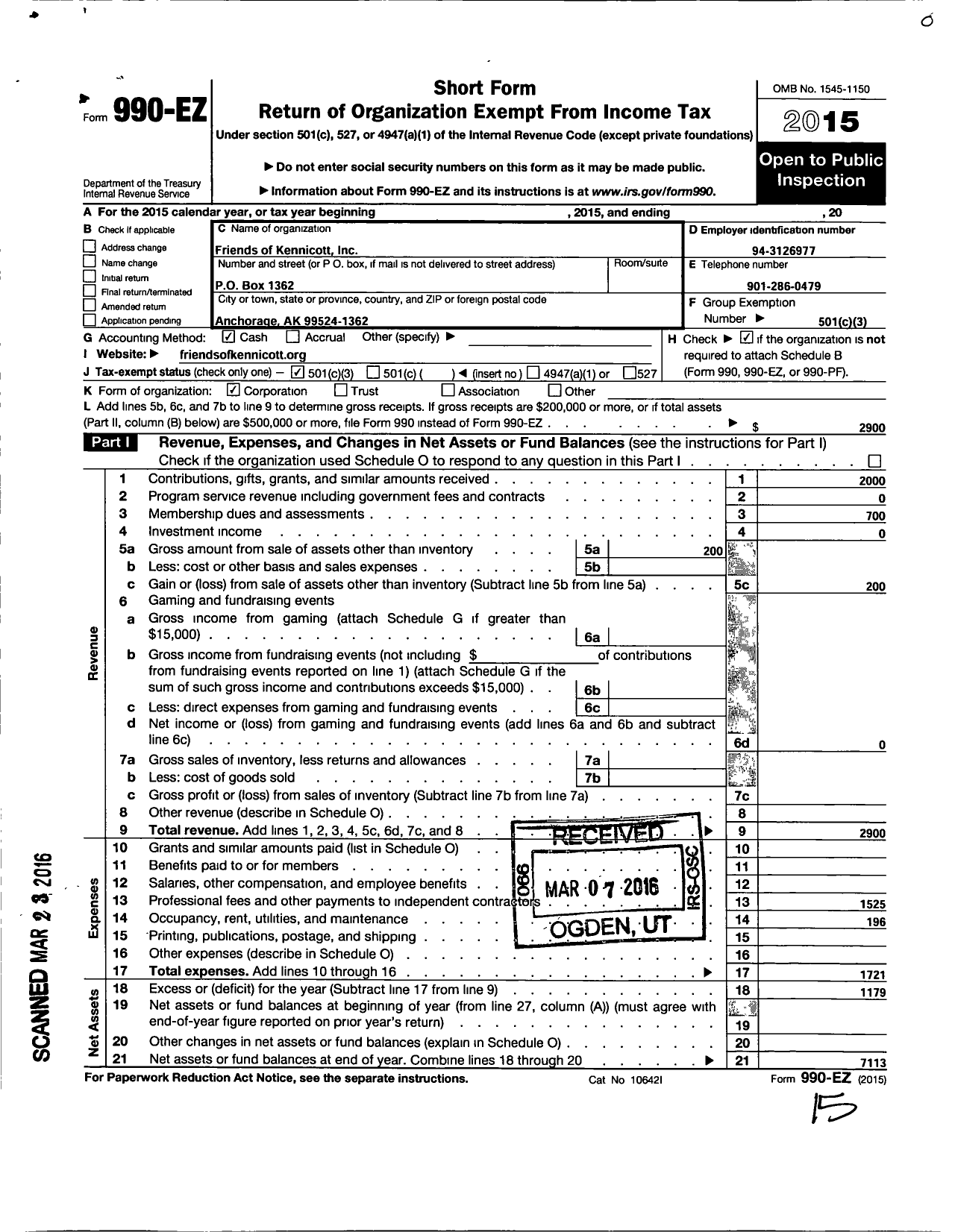 Image of first page of 2015 Form 990EZ for Friends of Kennicott