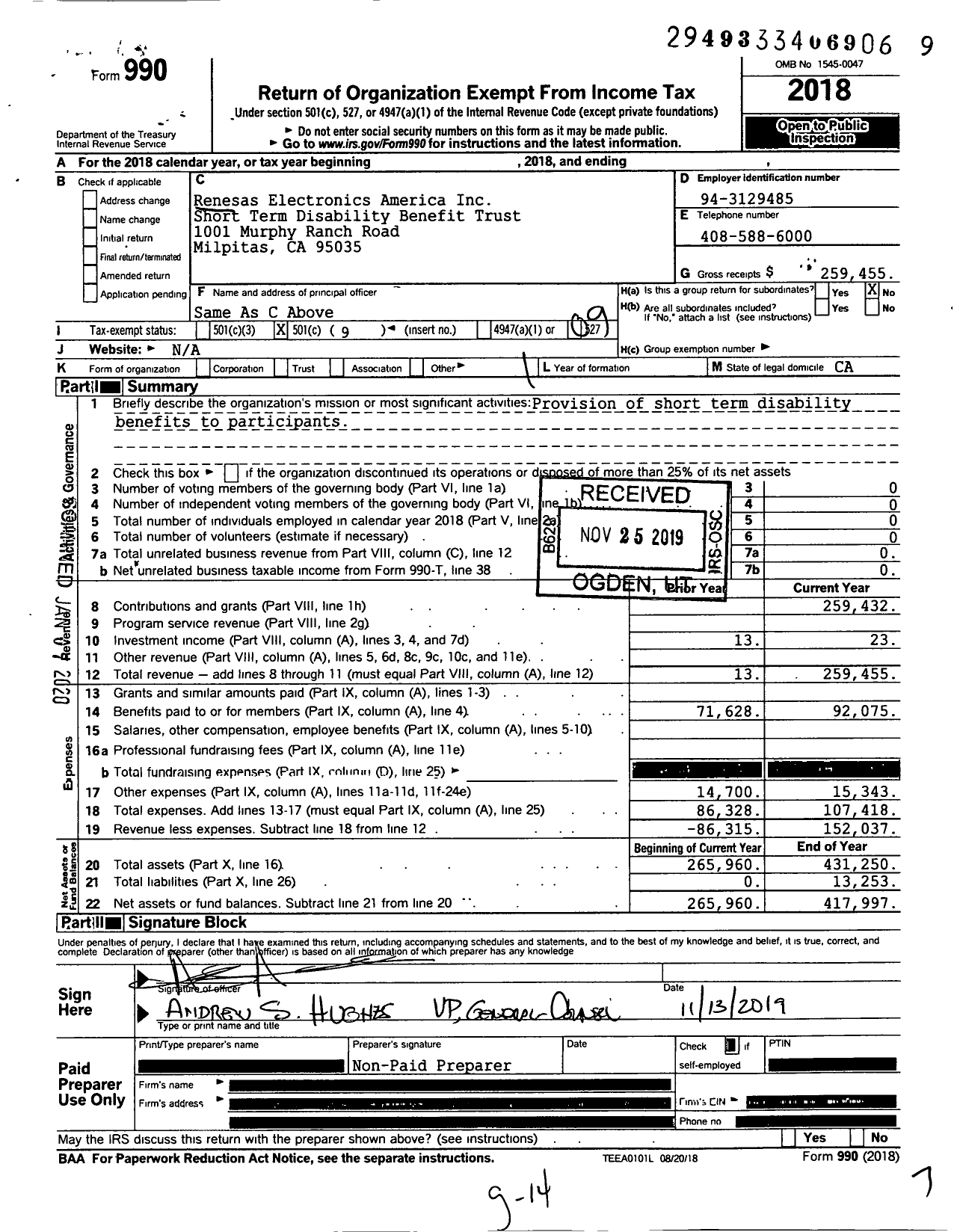 Image of first page of 2018 Form 990O for RENESAS ELECTRONICS AMERICA Short Term Disability Benefit Trust