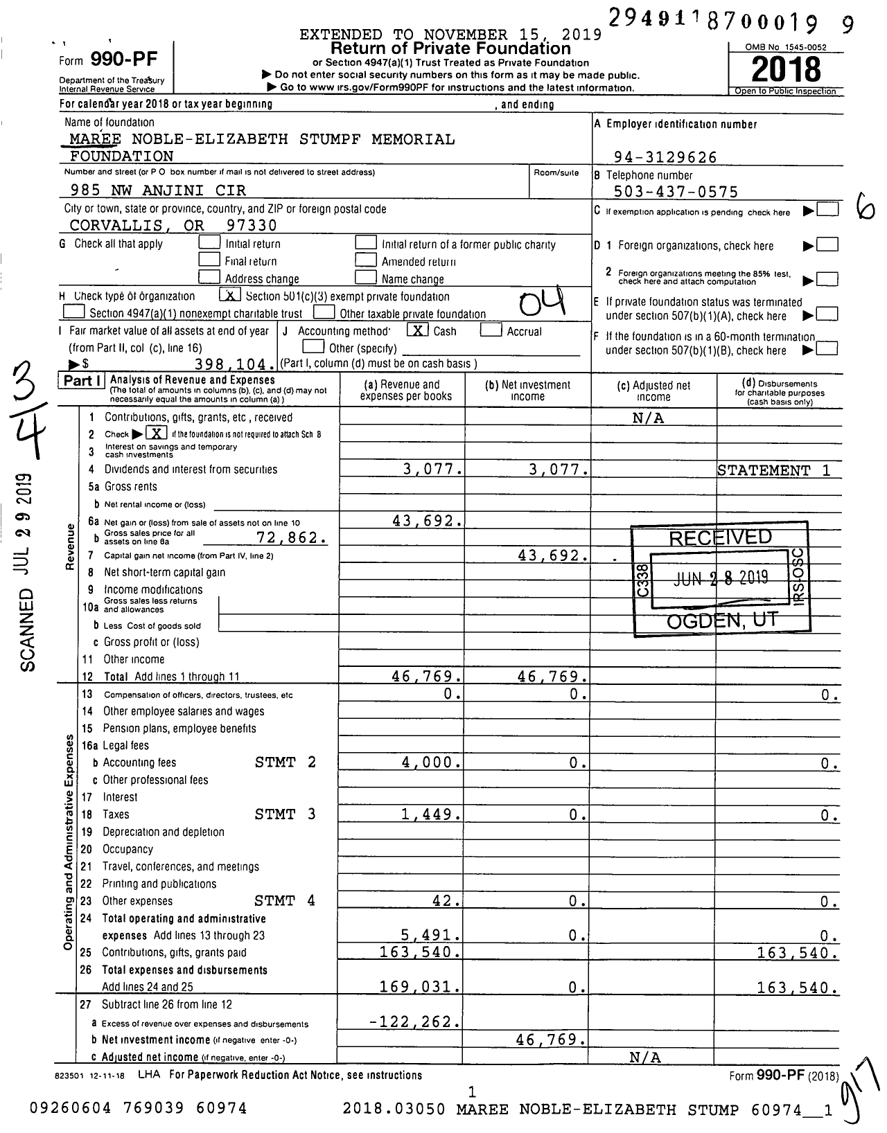 Image of first page of 2018 Form 990PF for Maree Noble-Elizabeth Stumpf Memorial Foundation