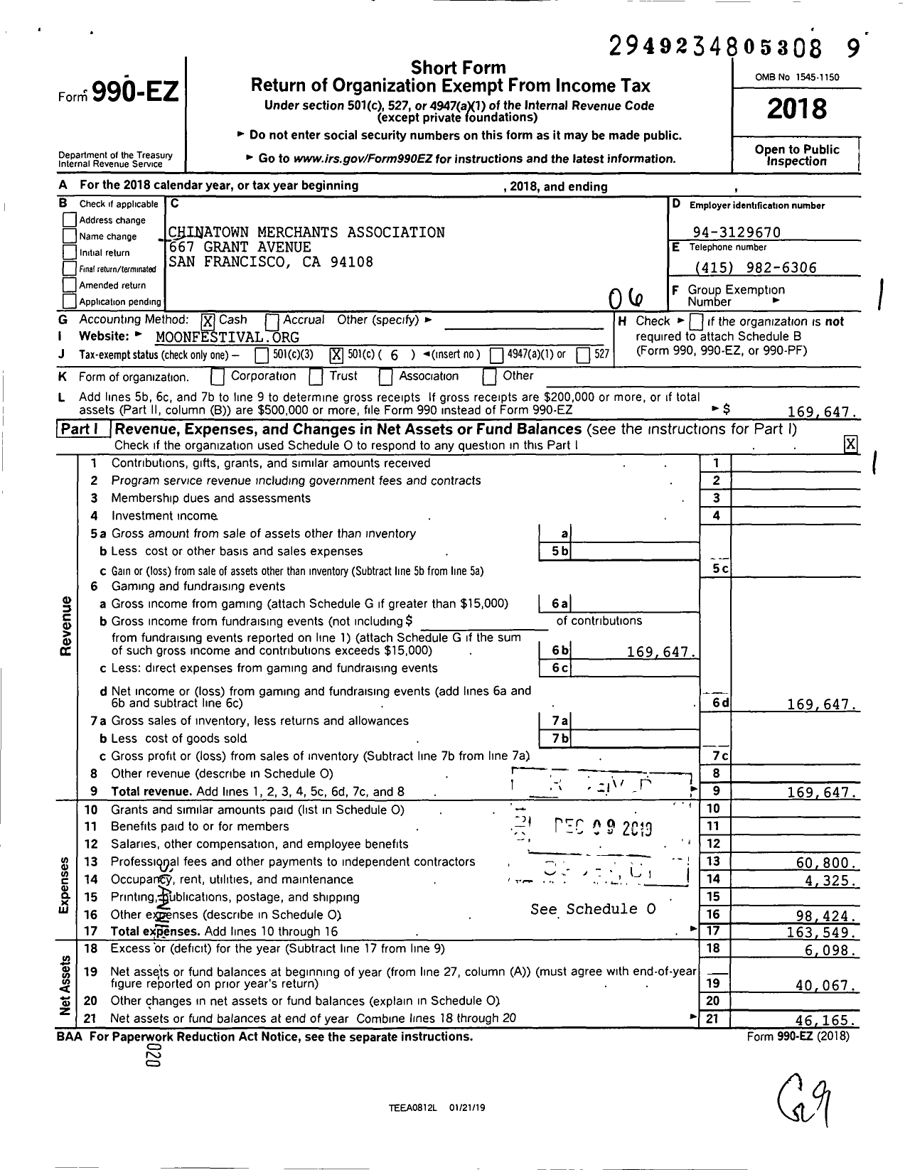 Image of first page of 2018 Form 990EO for Chinatown Merchants Association