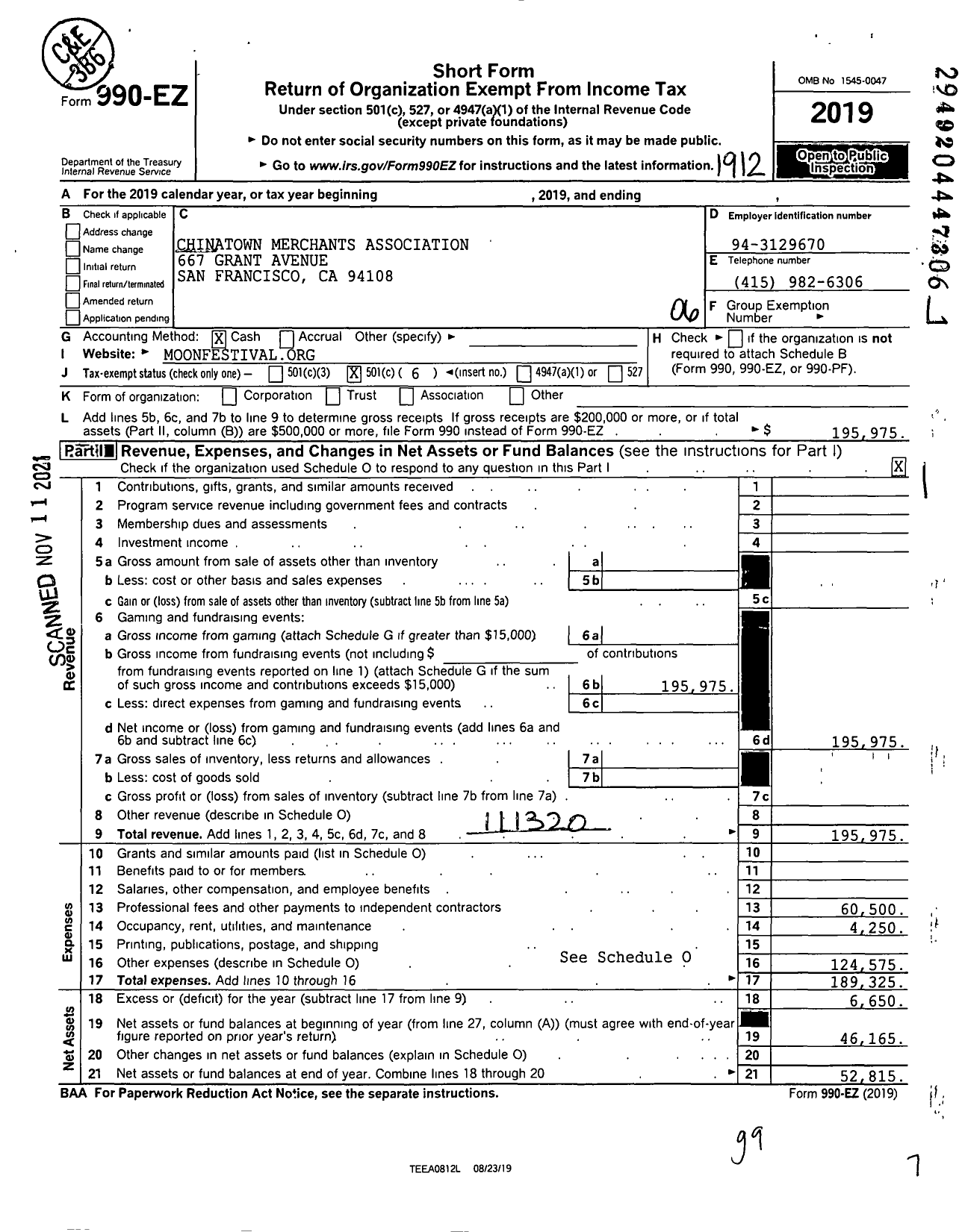 Image of first page of 2019 Form 990EO for Chinatown Merchants Association