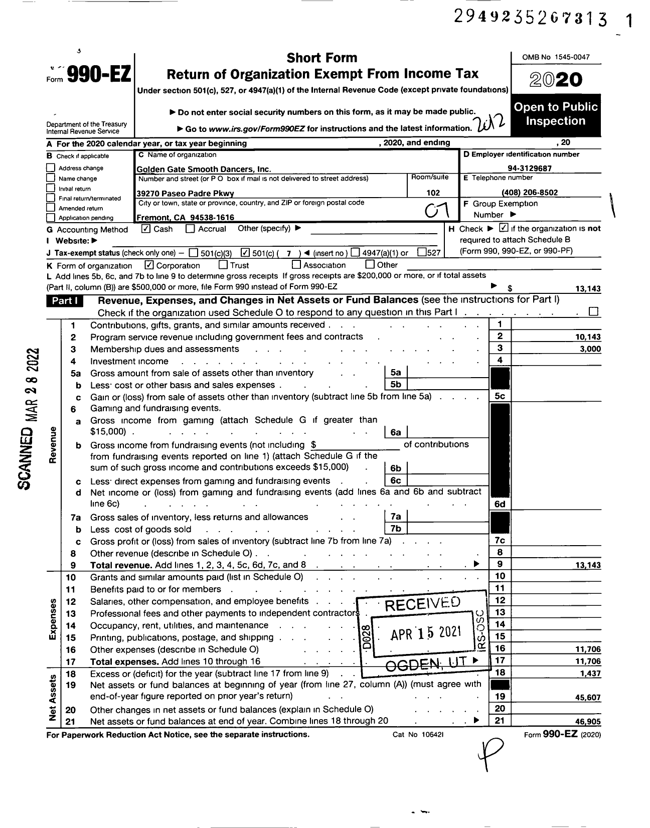 Image of first page of 2020 Form 990EO for National Smooth Dancers / Golden Gate Chapter