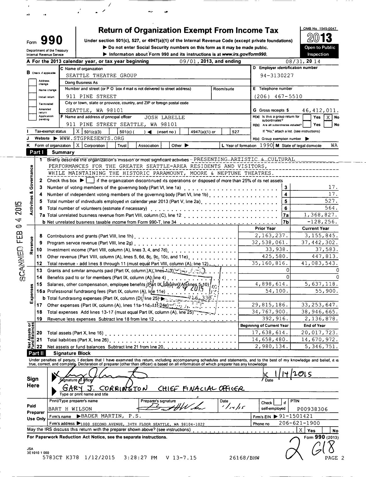 Image of first page of 2013 Form 990 for Seattle Theatre Group