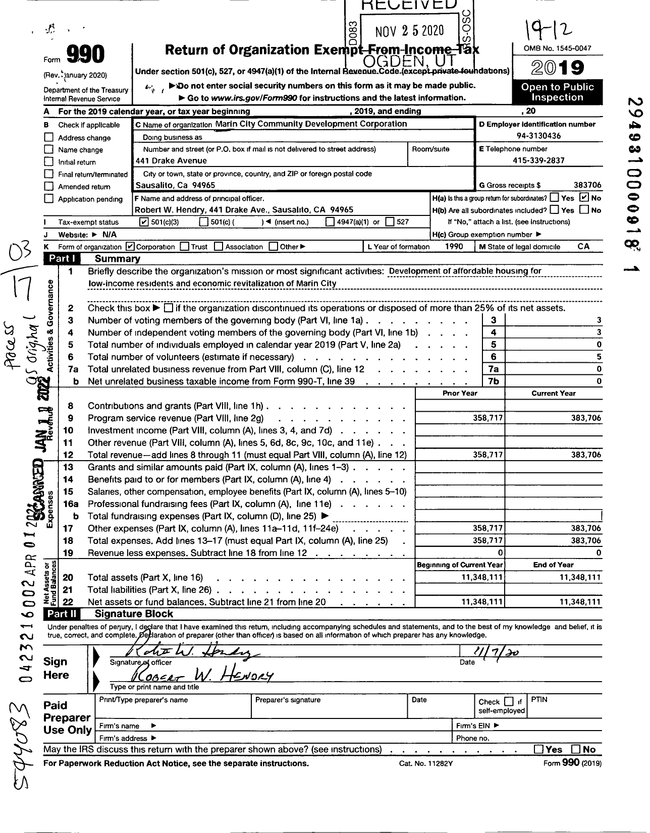 Image of first page of 2019 Form 990 for Marin City Community Land Corp