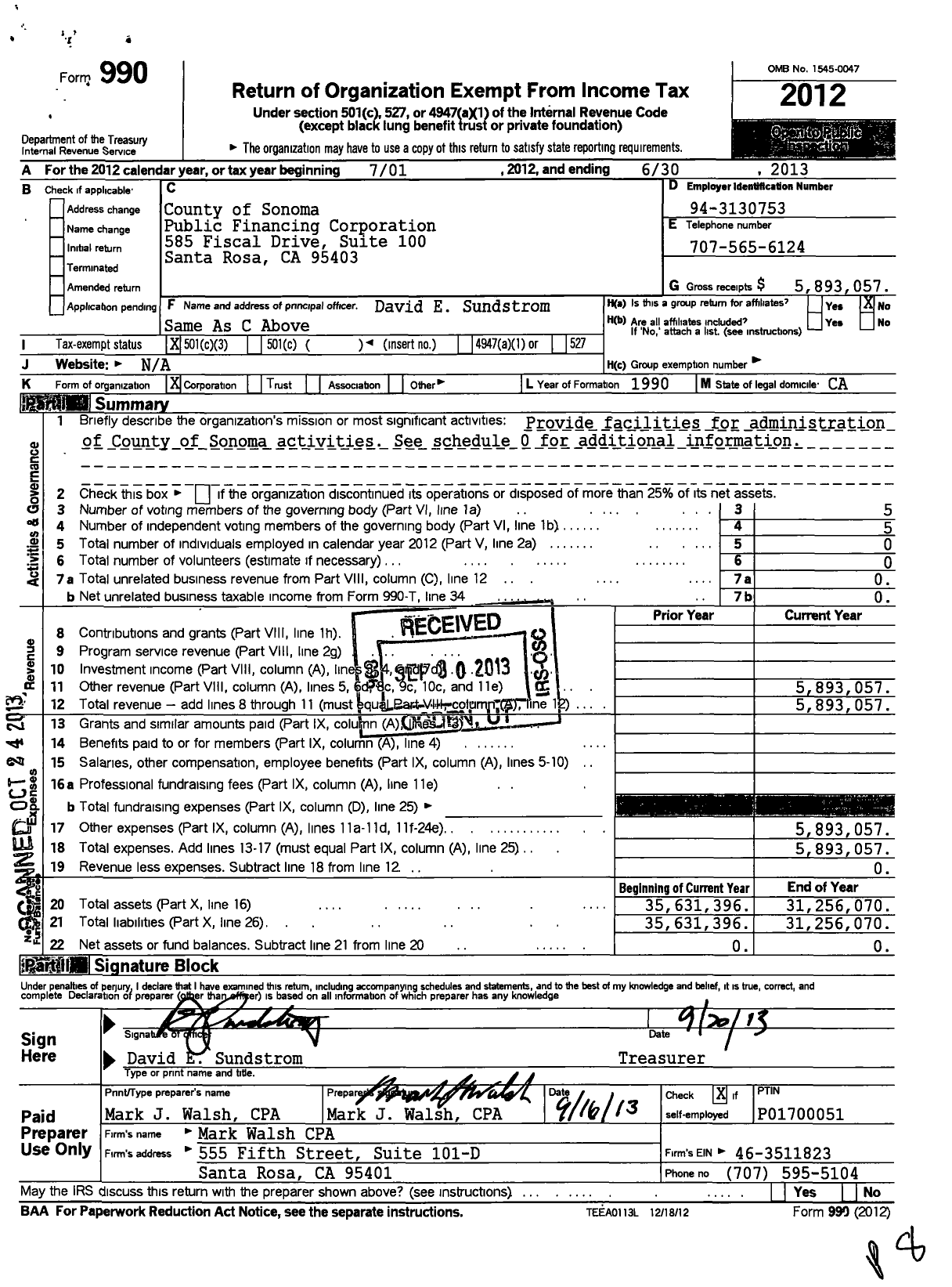 Image of first page of 2012 Form 990 for County of Sonoma Public Financing Corporation