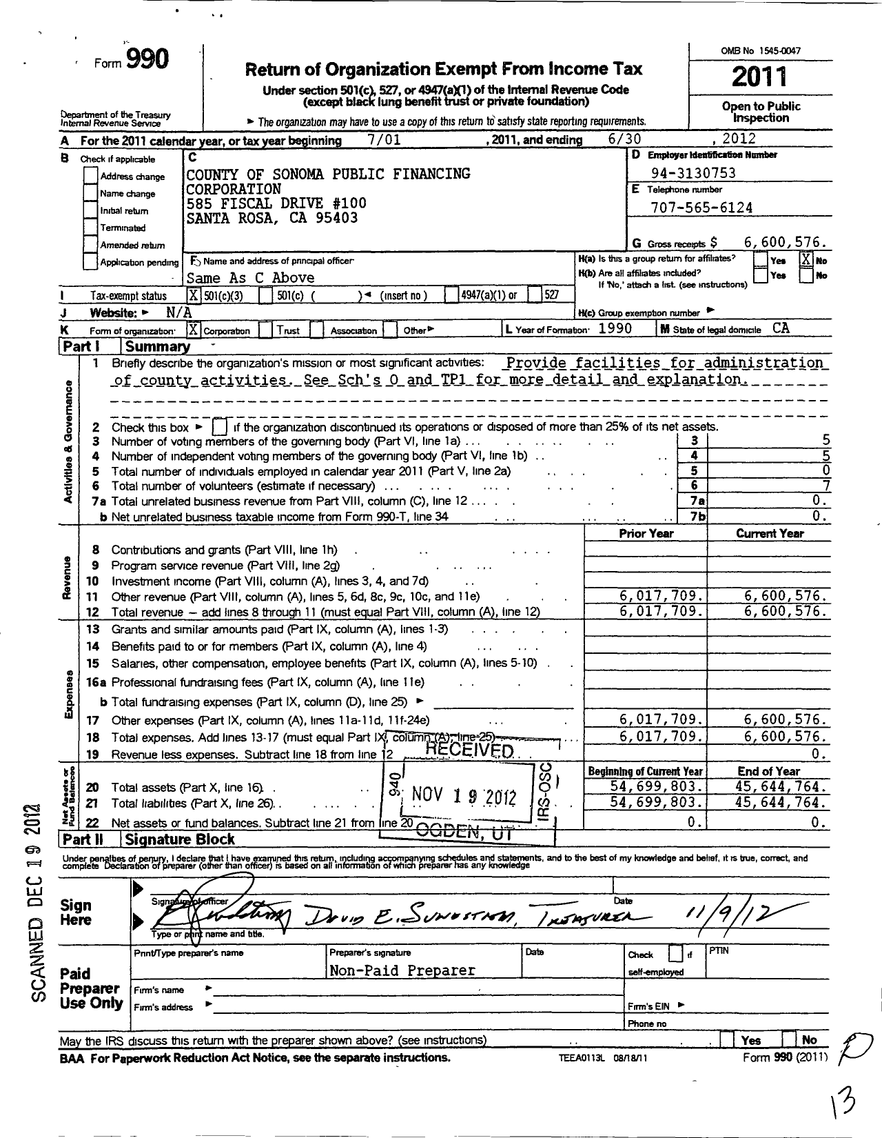 Image of first page of 2011 Form 990 for County of Sonoma Public Financing Corporation