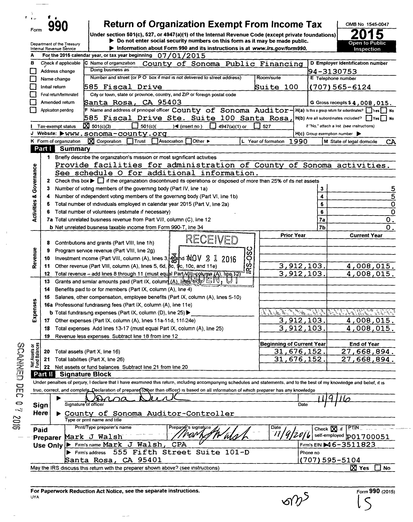Image of first page of 2015 Form 990 for County of Sonoma Public Financing Corporation