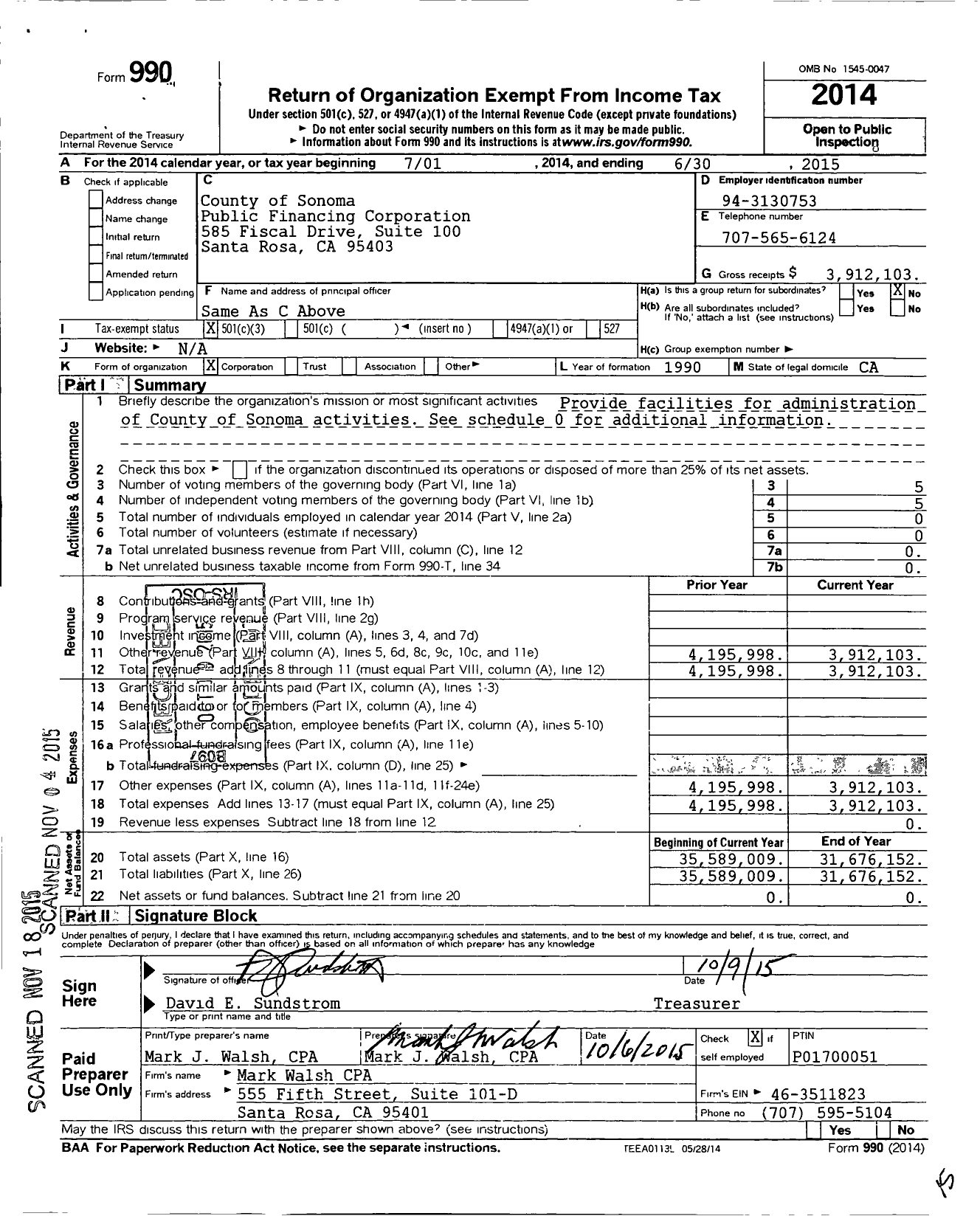Image of first page of 2014 Form 990 for County of Sonoma Public Financing Corporation