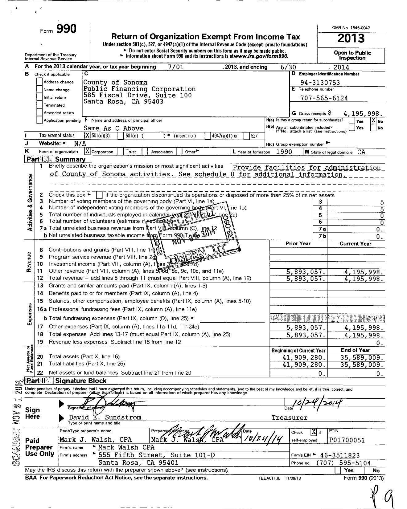Image of first page of 2013 Form 990 for County of Sonoma Public Financing Corporation