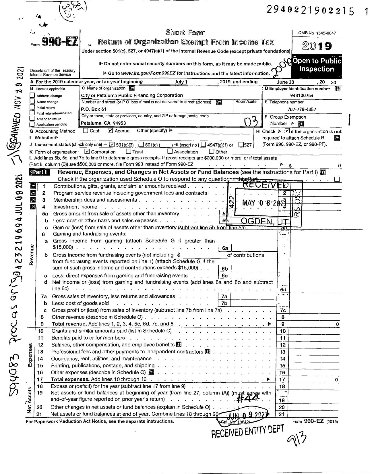 Image of first page of 2019 Form 990EZ for City of Petaluma Public Financing Corporation