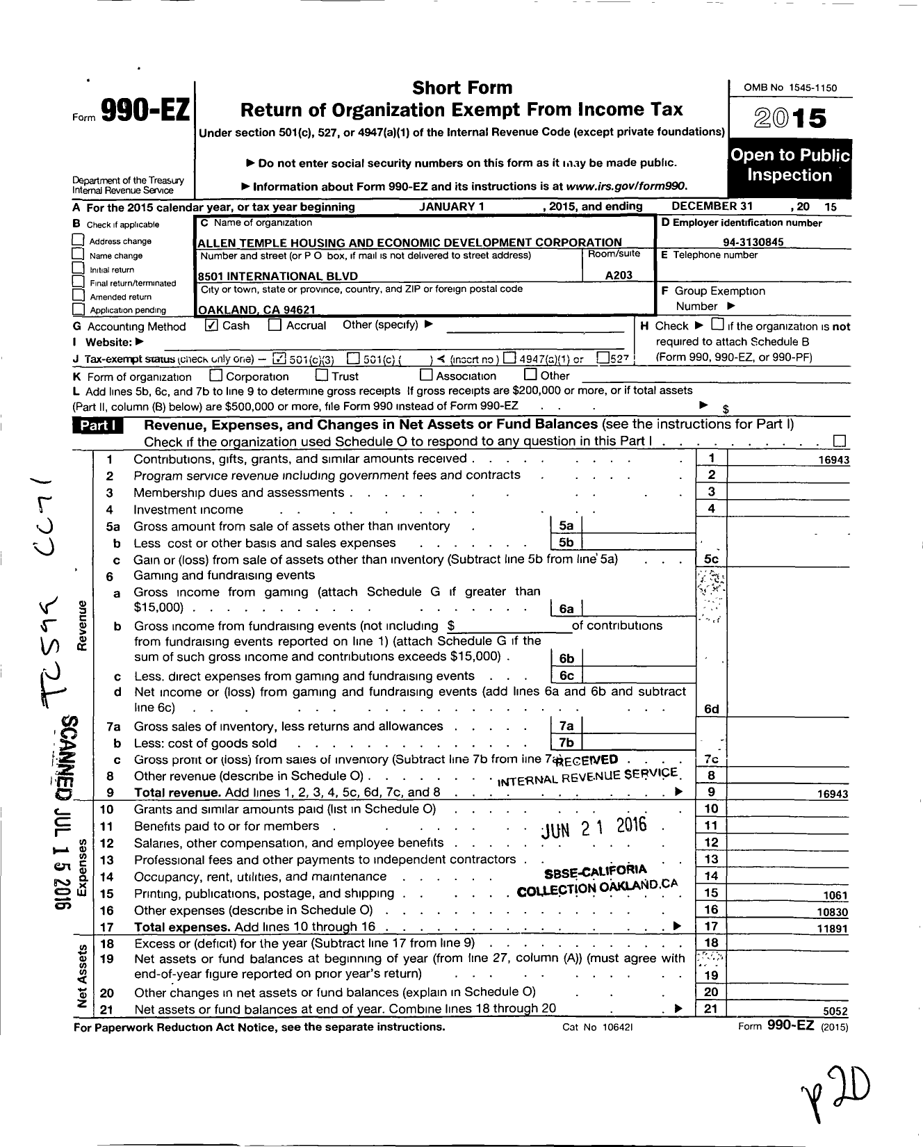 Image of first page of 2015 Form 990EZ for Allen Temple Housing and Economic Development Corporation