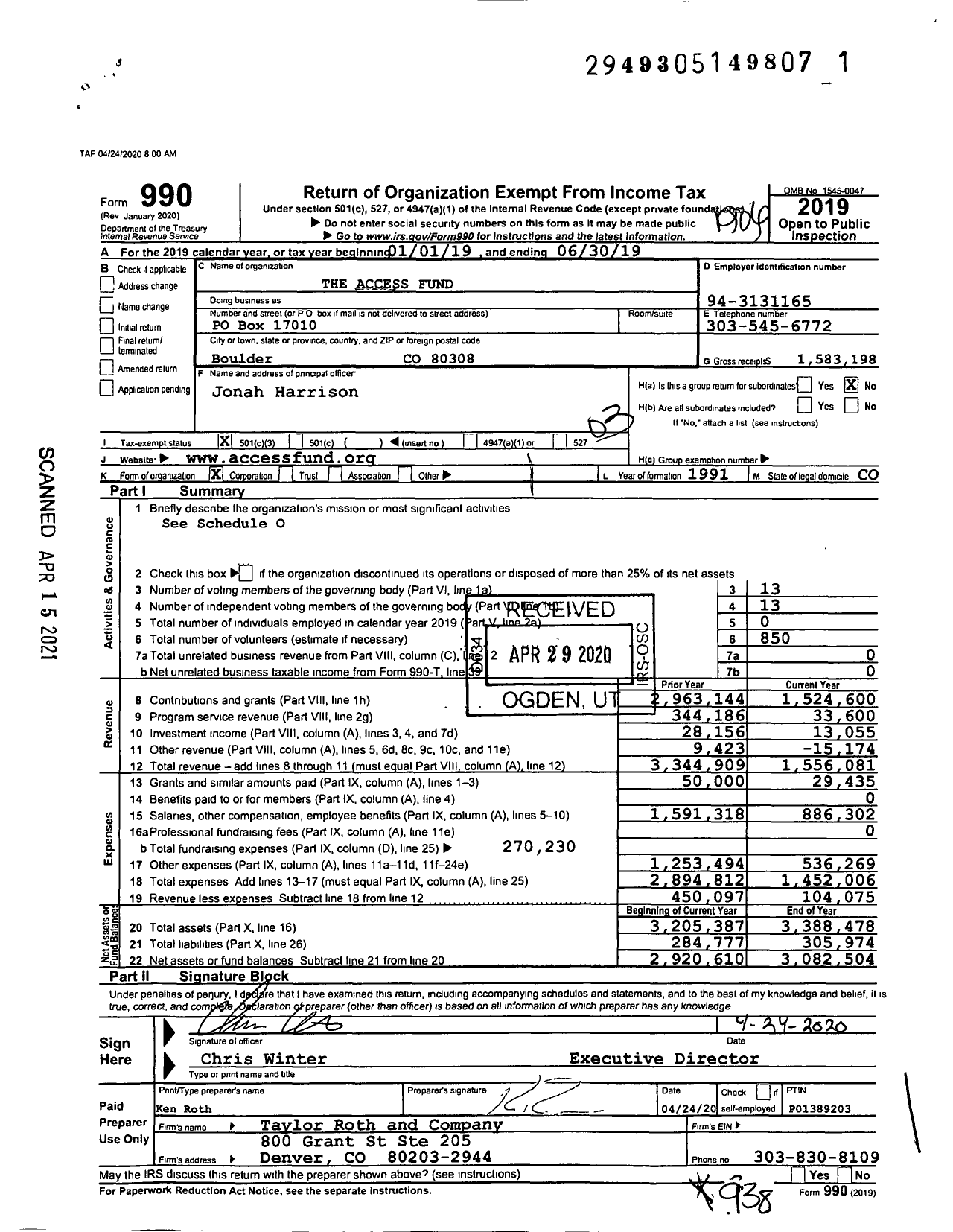 Image of first page of 2018 Form 990 for The Access Fund