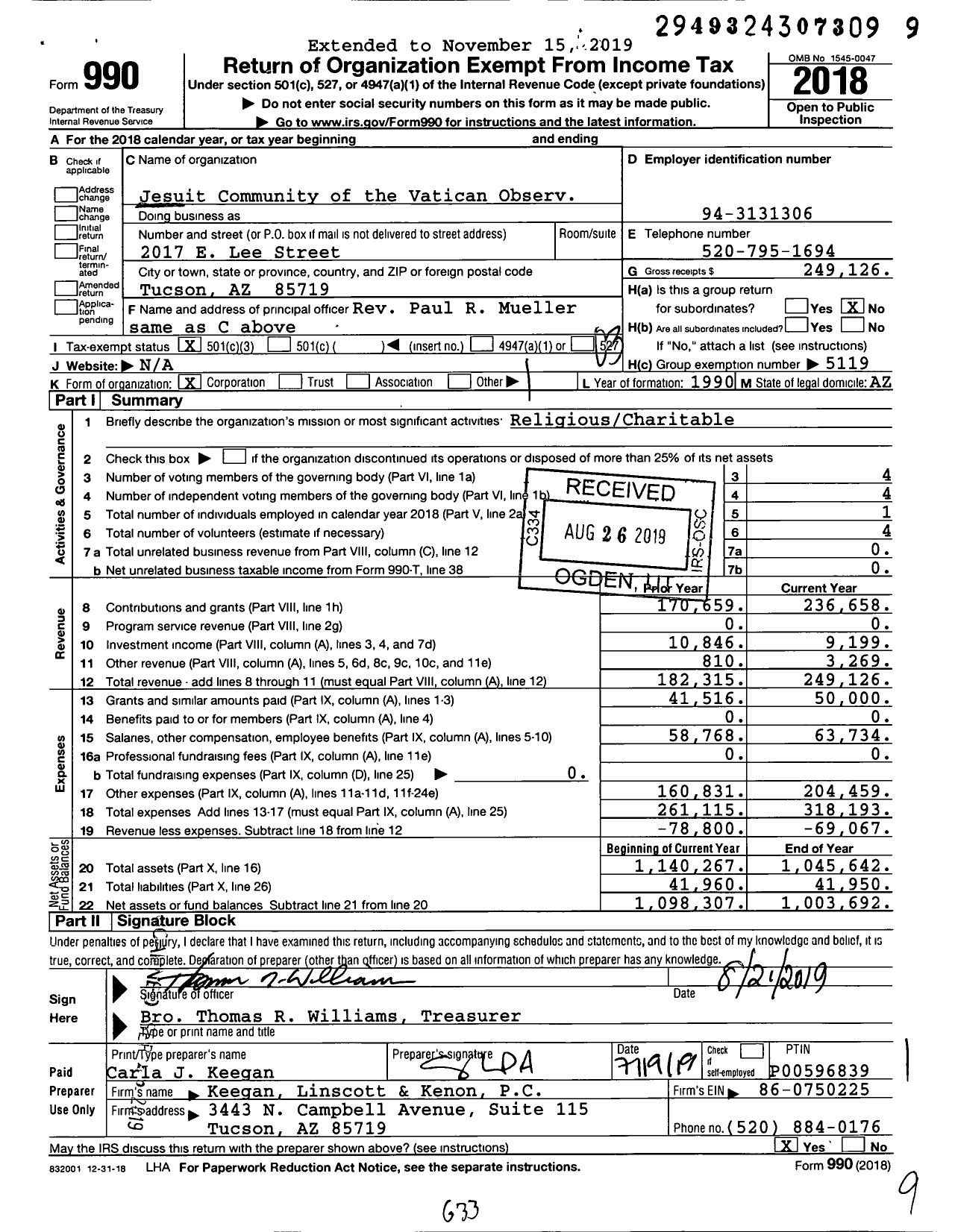 Image of first page of 2018 Form 990 for Jesuit Community of the Vatican Observ