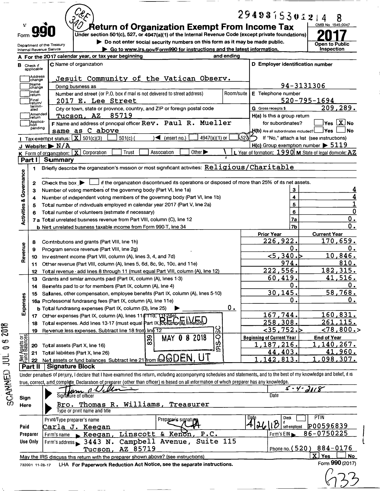 Image of first page of 2017 Form 990 for Jesuit Community of the Vatican Observ