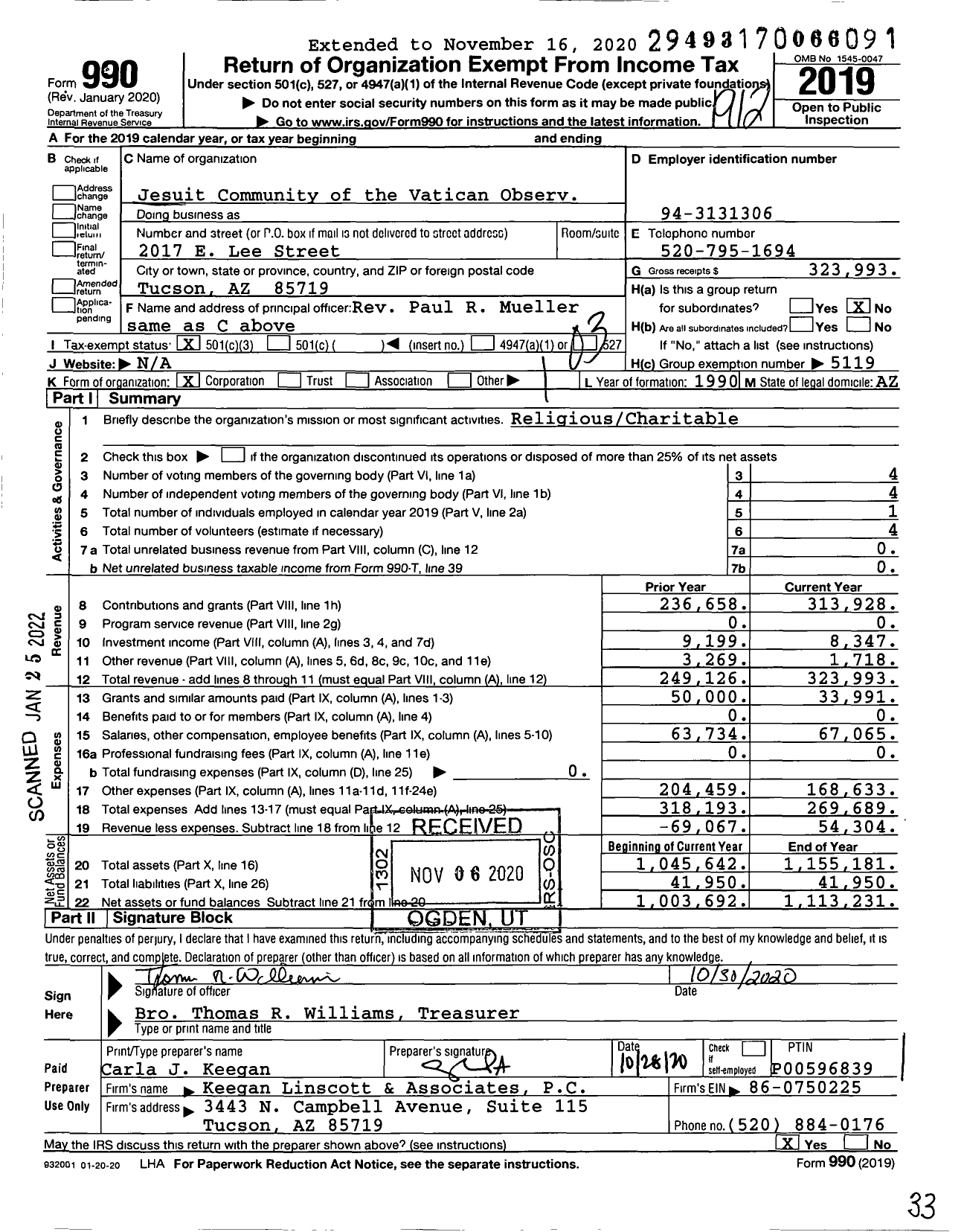 Image of first page of 2019 Form 990 for Jesuit Community of the Vatican Observ