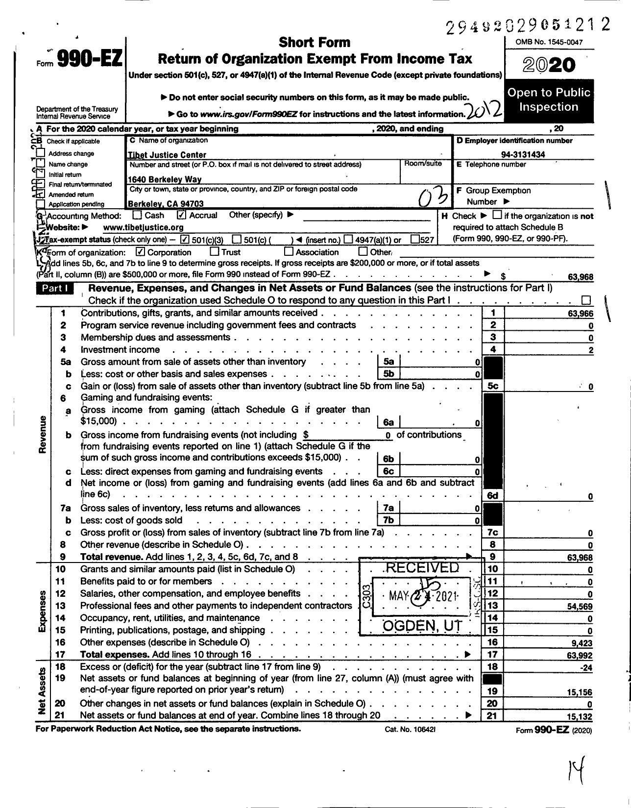 Image of first page of 2020 Form 990EZ for Tibet Justice Center