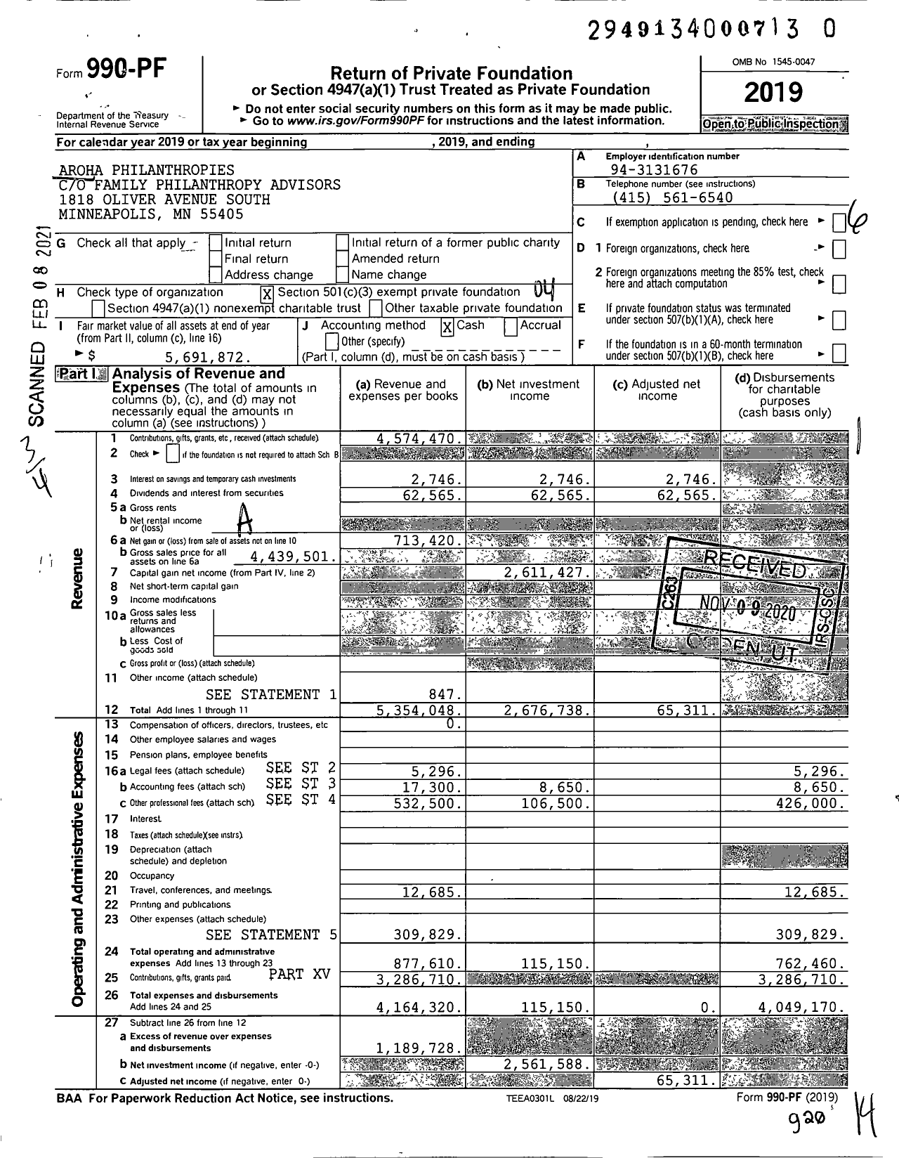 Image of first page of 2019 Form 990PF for Ea Michelson Philanthropy