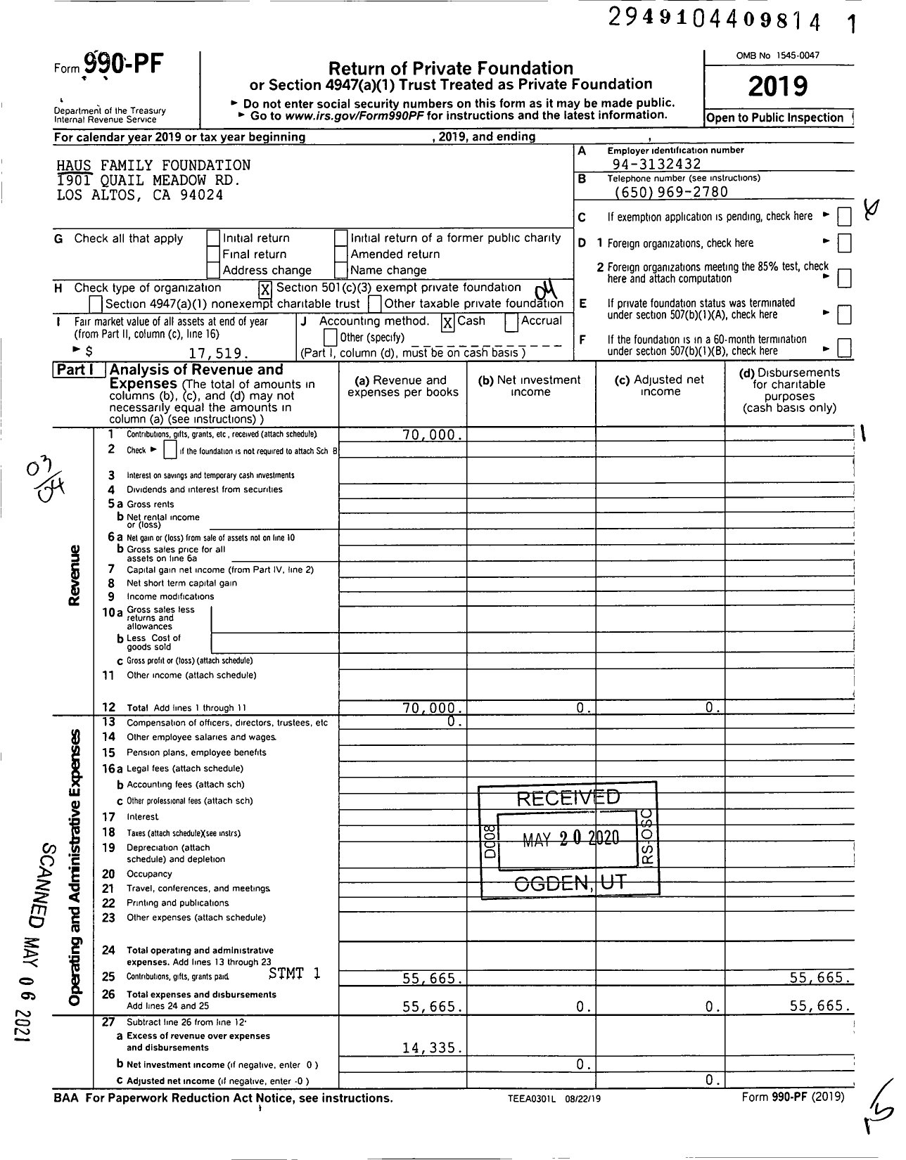 Image of first page of 2019 Form 990PF for Haus Family Foundation