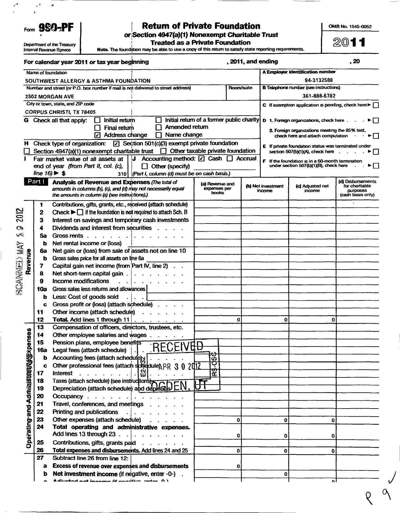 Image of first page of 2011 Form 990PF for Southwest Allergy and Asthma Foundation