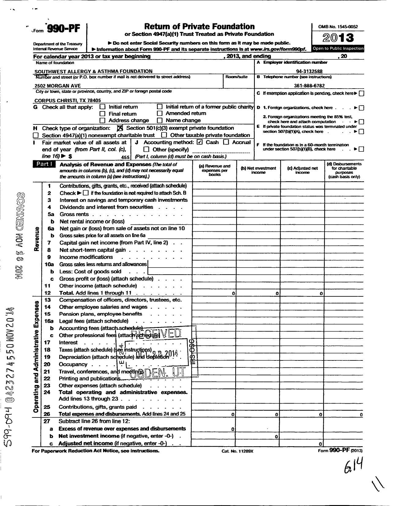 Image of first page of 2013 Form 990PF for Southwest Allergy and Asthma Foundation