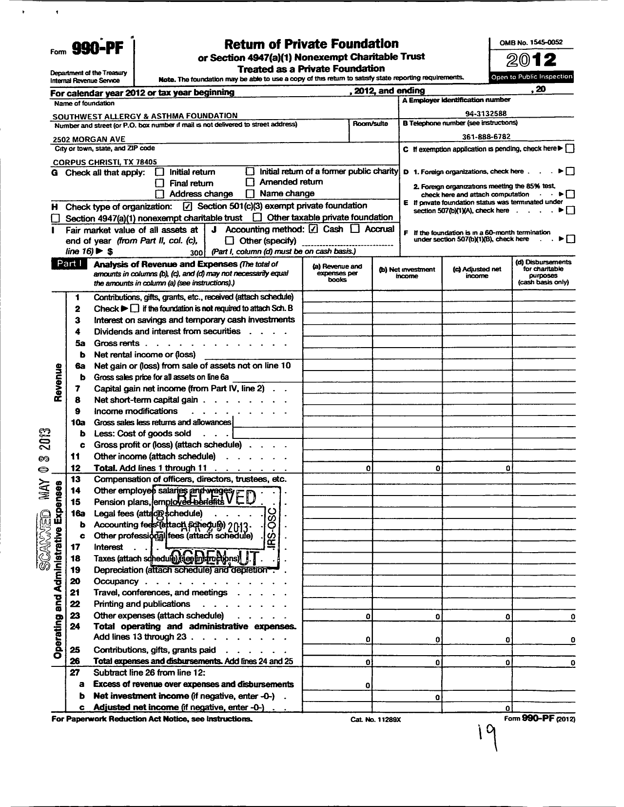 Image of first page of 2012 Form 990PF for Southwest Allergy and Asthma Foundation