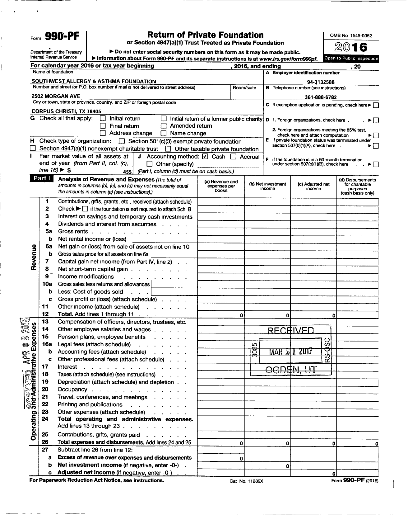 Image of first page of 2016 Form 990PF for Southwest Allergy and Asthma Foundation