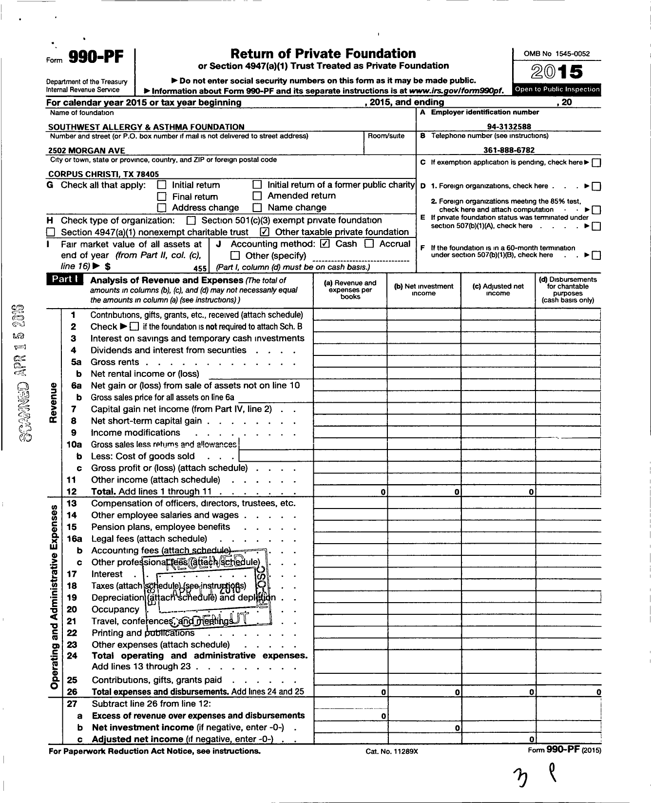 Image of first page of 2015 Form 990PF for Southwest Allergy and Asthma Foundation