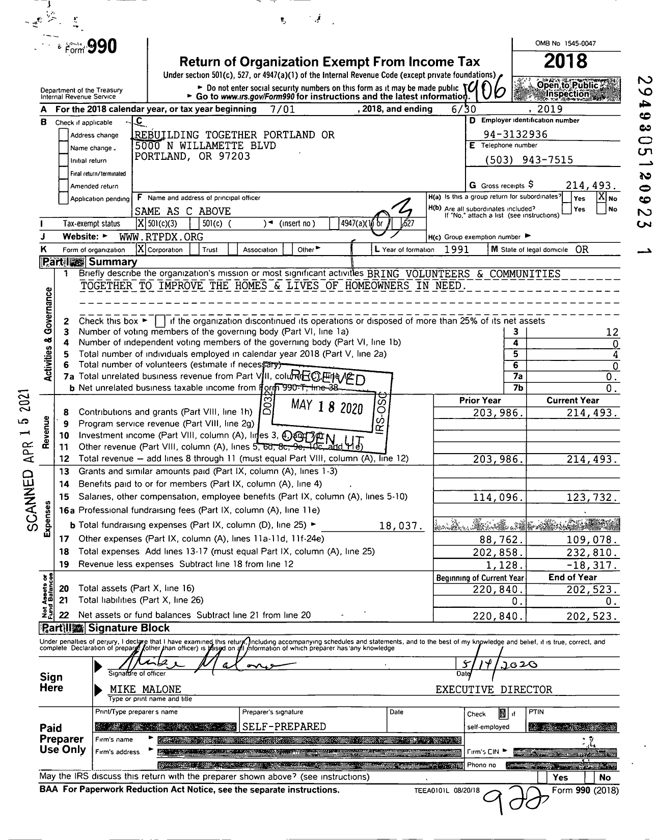 Image of first page of 2018 Form 990 for Rebuilding Together Portland OR