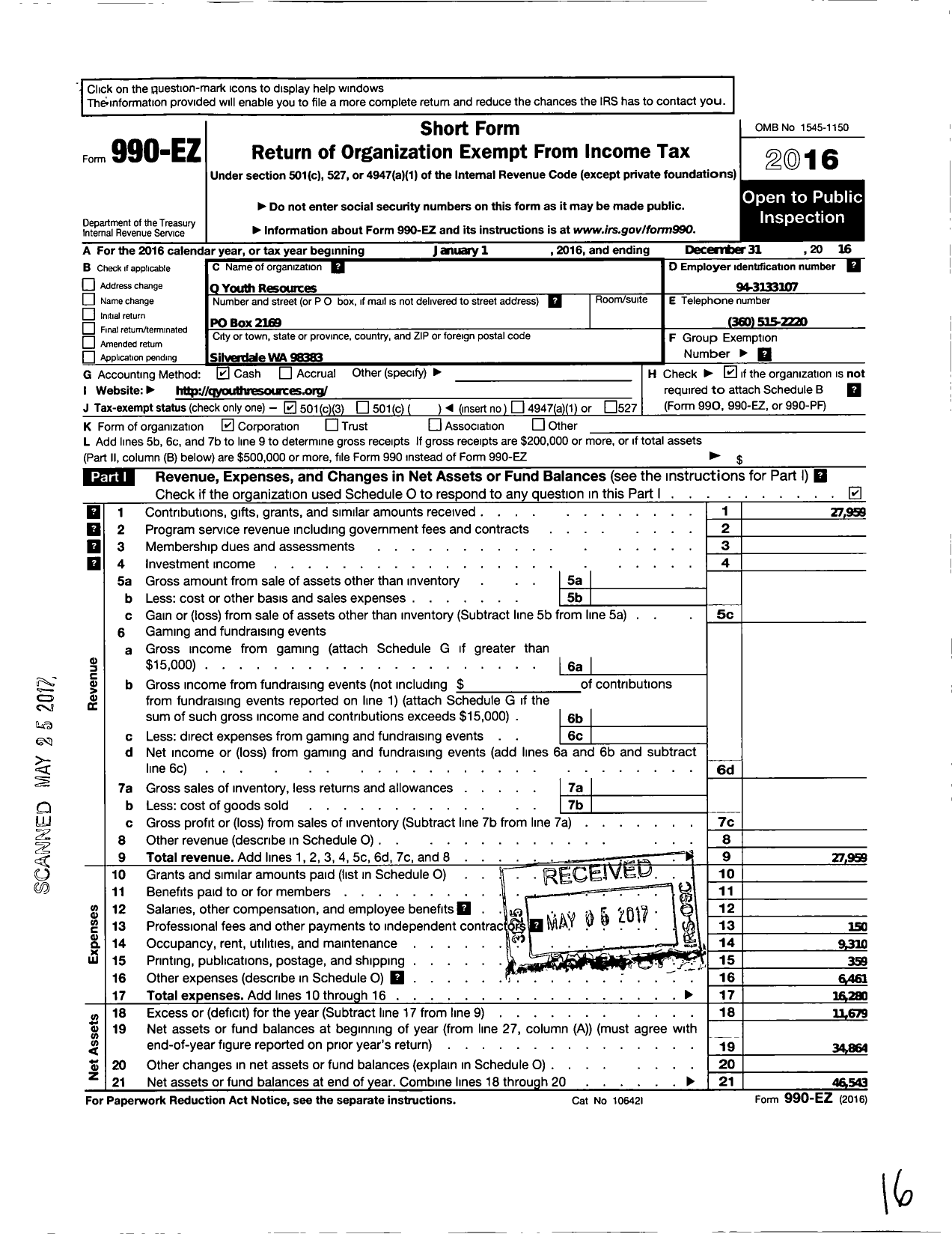 Image of first page of 2016 Form 990EZ for Q Youth Resources