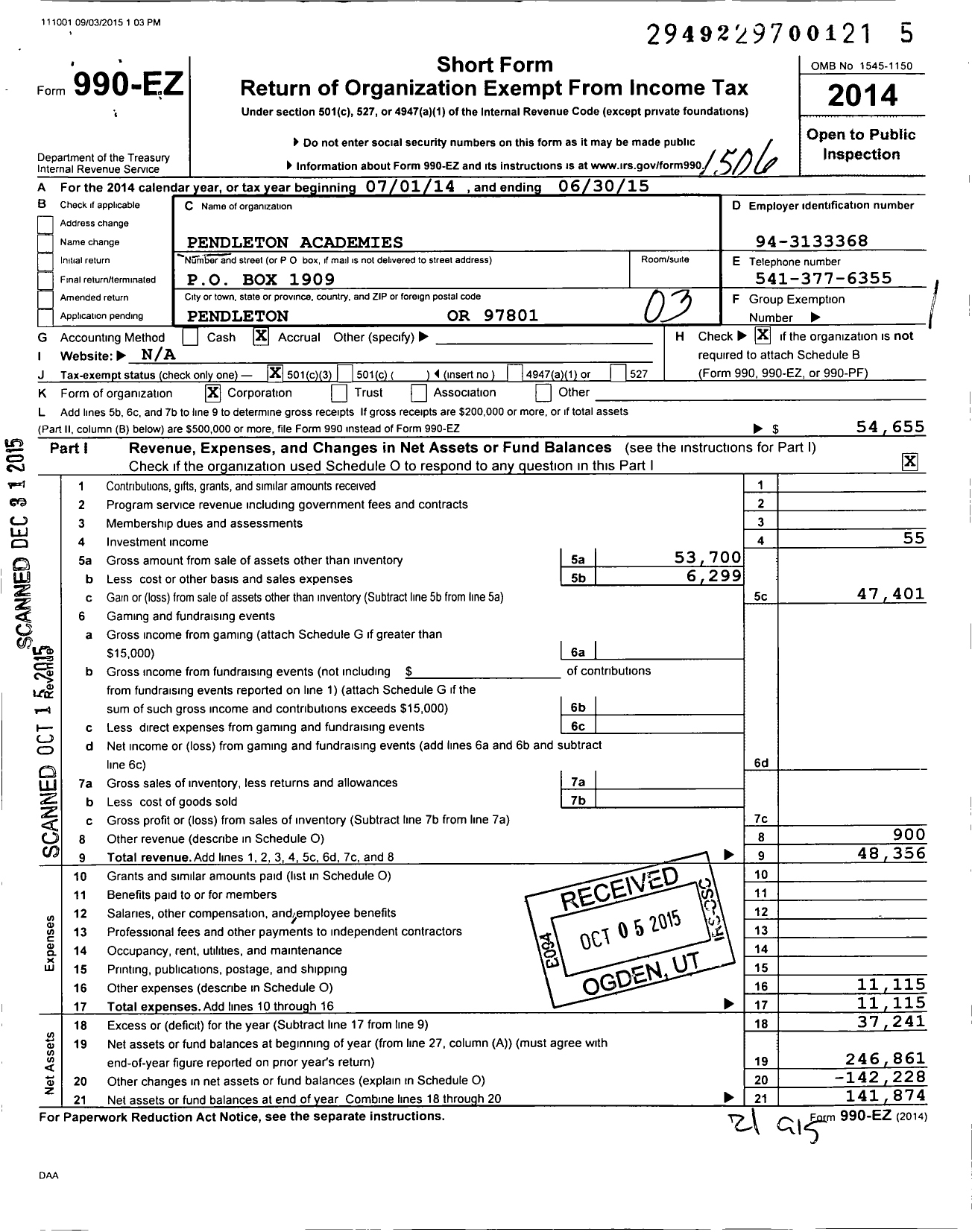 Image of first page of 2014 Form 990EZ for Pendleton Academies