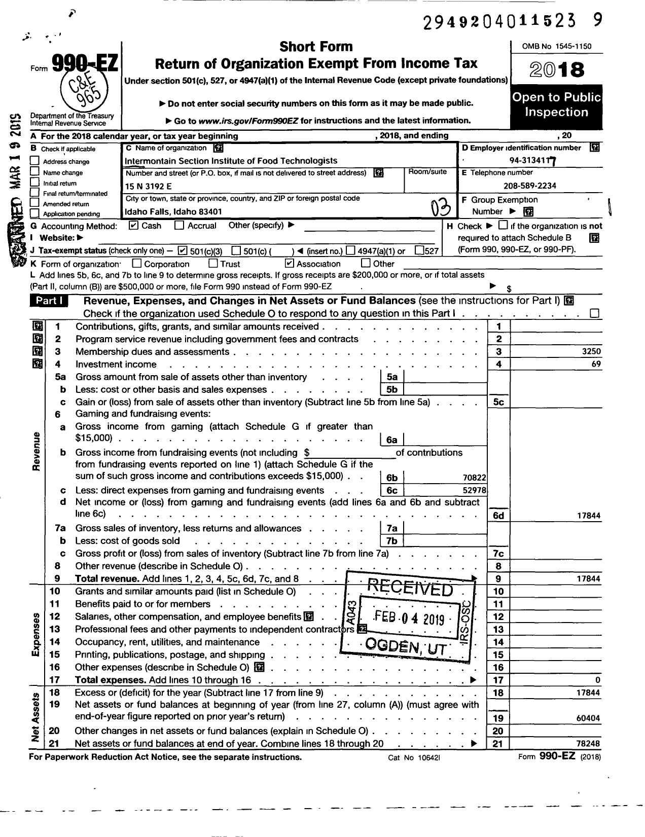 Image of first page of 2018 Form 990EZ for Intermountain Regional Section of the Inst of Food Technologists