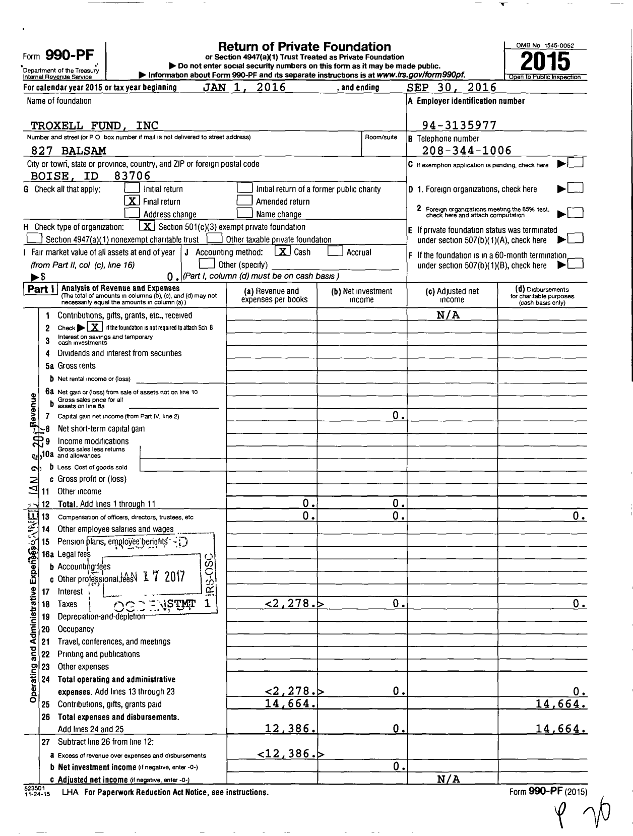 Image of first page of 2015 Form 990PF for Troxell Fund