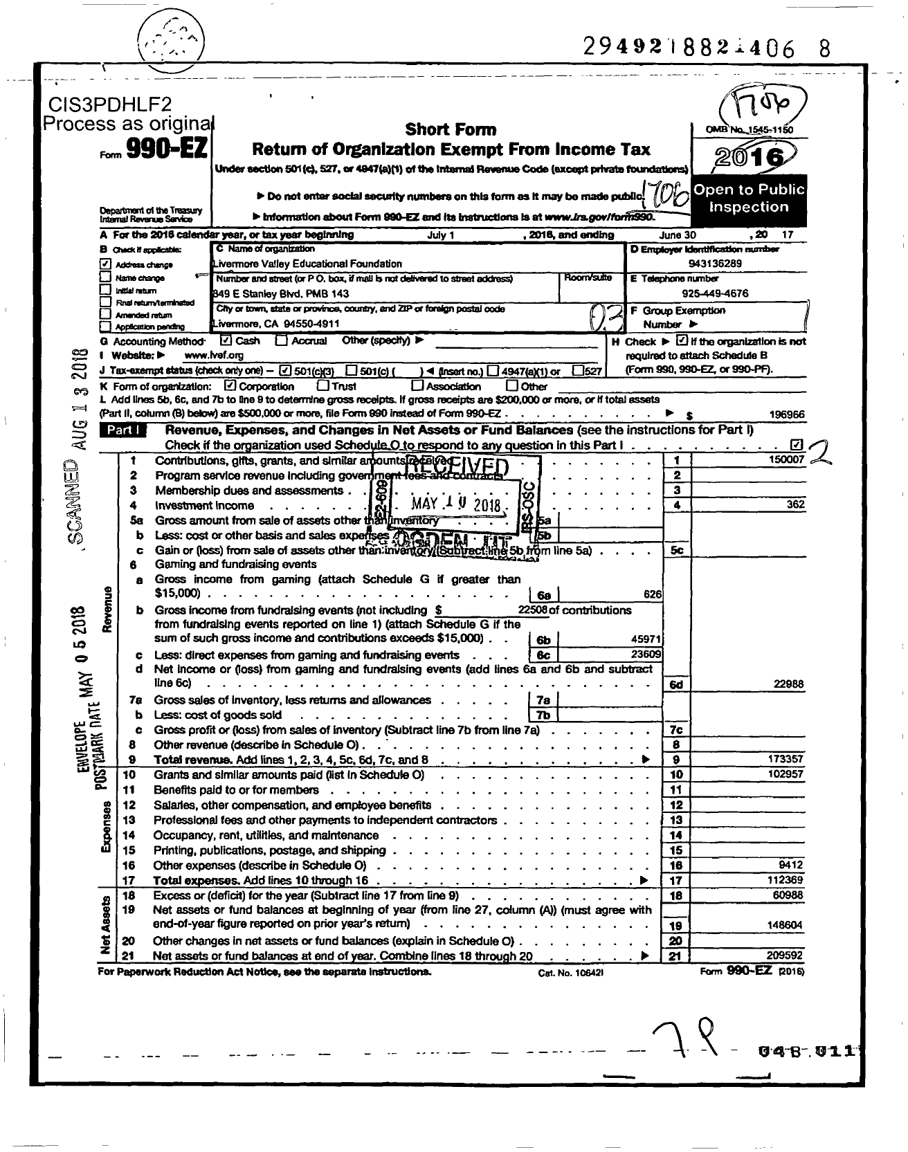 Image of first page of 2016 Form 990EZ for Livermore Valley Educational Foundation