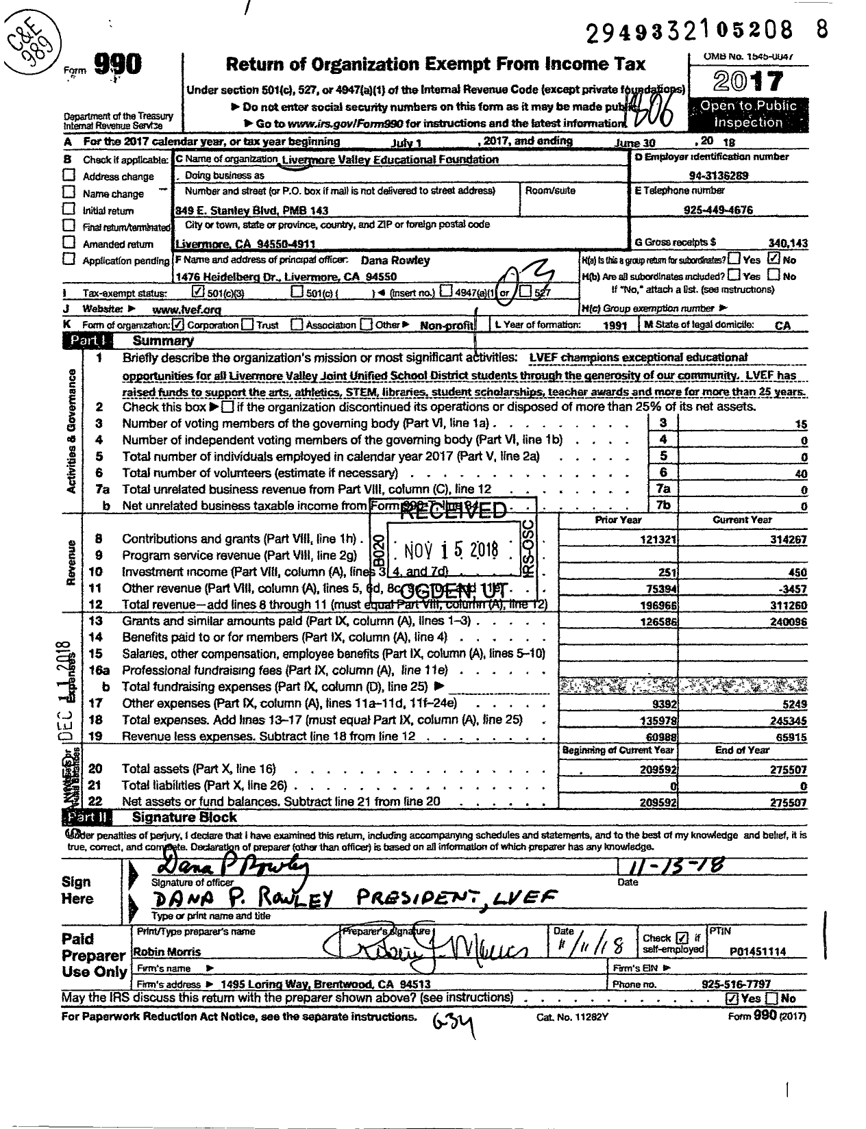 Image of first page of 2017 Form 990 for Livermore Valley Educational Foundation